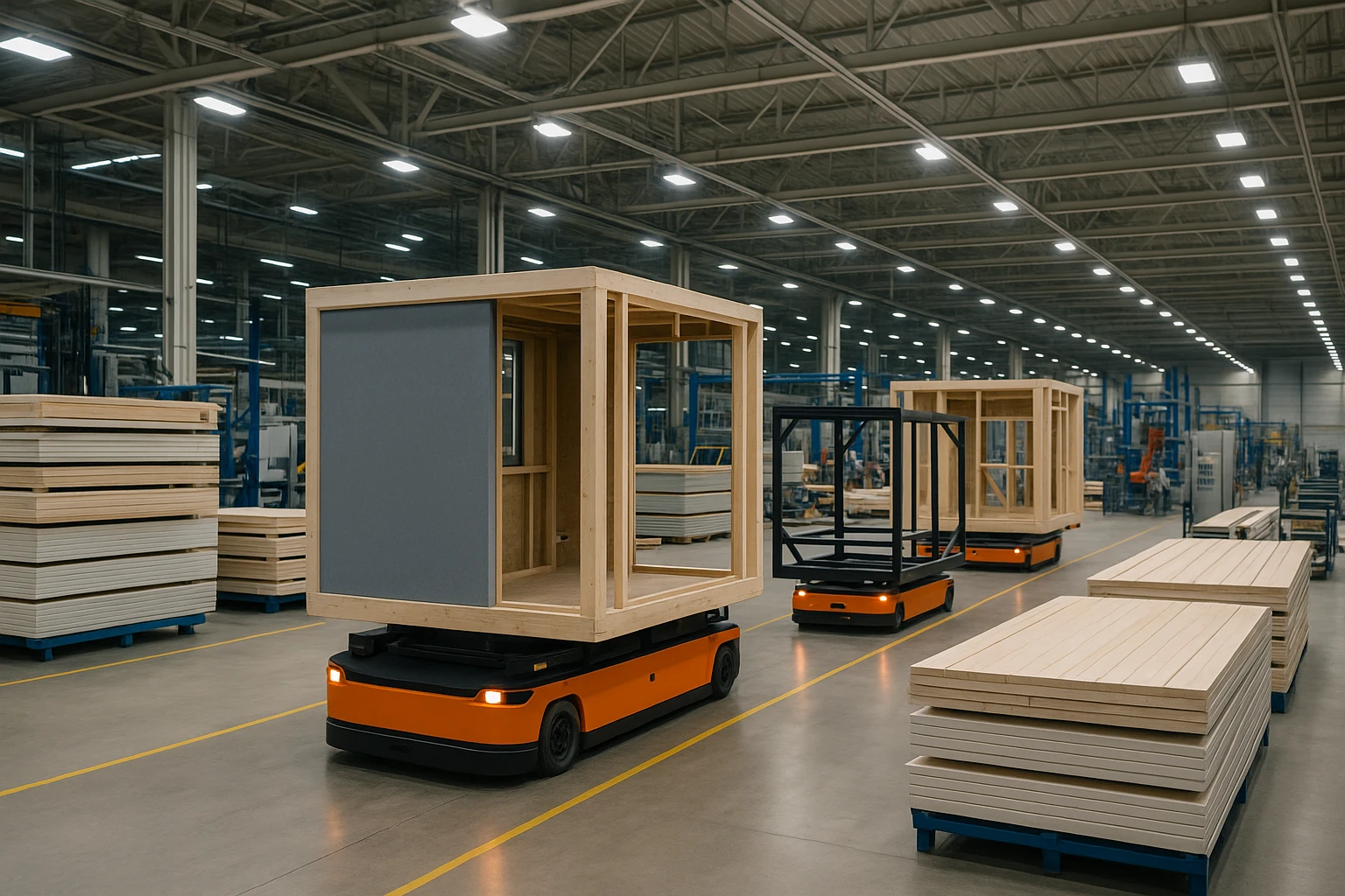 A factory floor bustling with activity, featuring modular building components being transported by automated vehicles, with stacks of panels and frames ready for assembly, all surrounded by modern machinery and bright overhead lights.