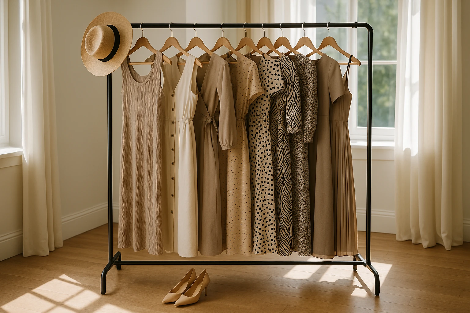 A sunlit walk-in closet with neatly organized racks, displaying an array of versatile dresses in neutral tones and chic patterns, alongside a stylish hat and a pair of elegant shoes on a polished wooden floor.