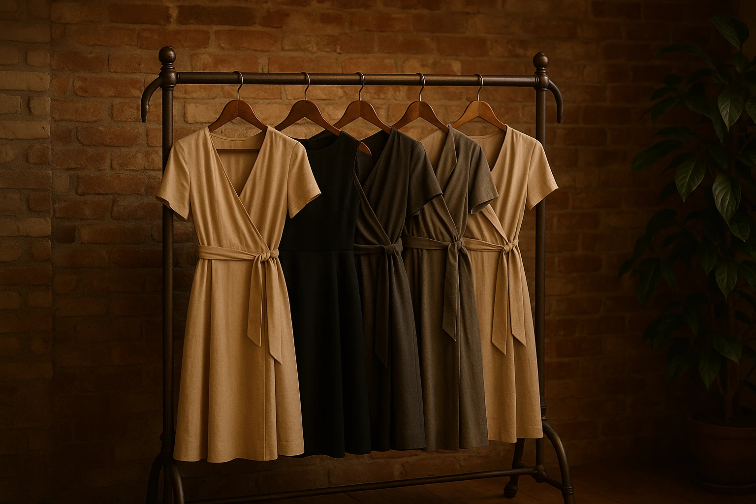 A vintage-style clothing rack positioned on a rustic brick wall, showcasing a collection of timeless dresses including a classic little black dress and elegant wrap dresses, surrounded by soft ambient lighting and a lush indoor plant.