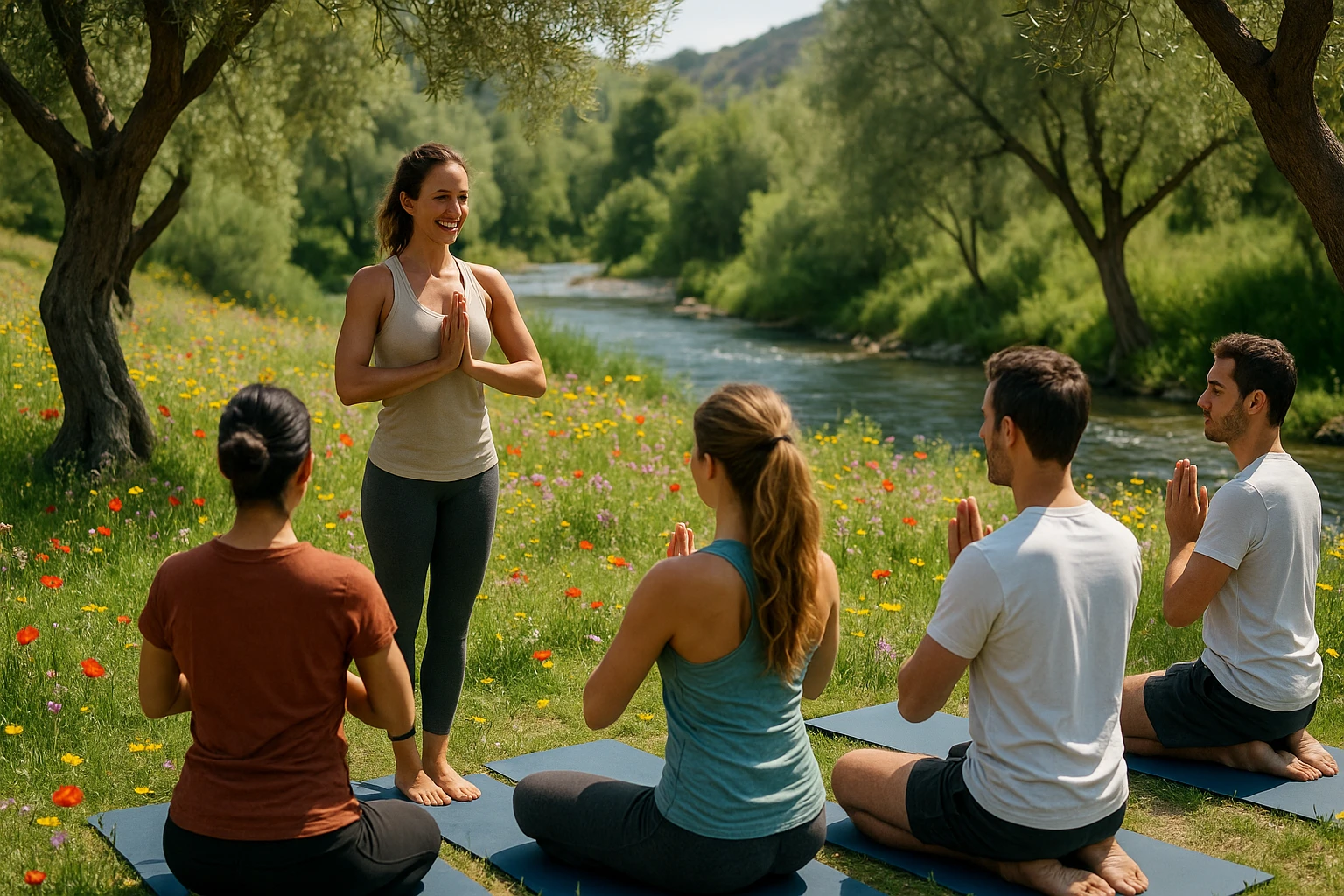 A yoga instructor leading a class on a tranquil riverside meadow in Granada, surrounded by colorful wildflowers and gentle flowing water, with participants practicing poses under the shade of olive trees.