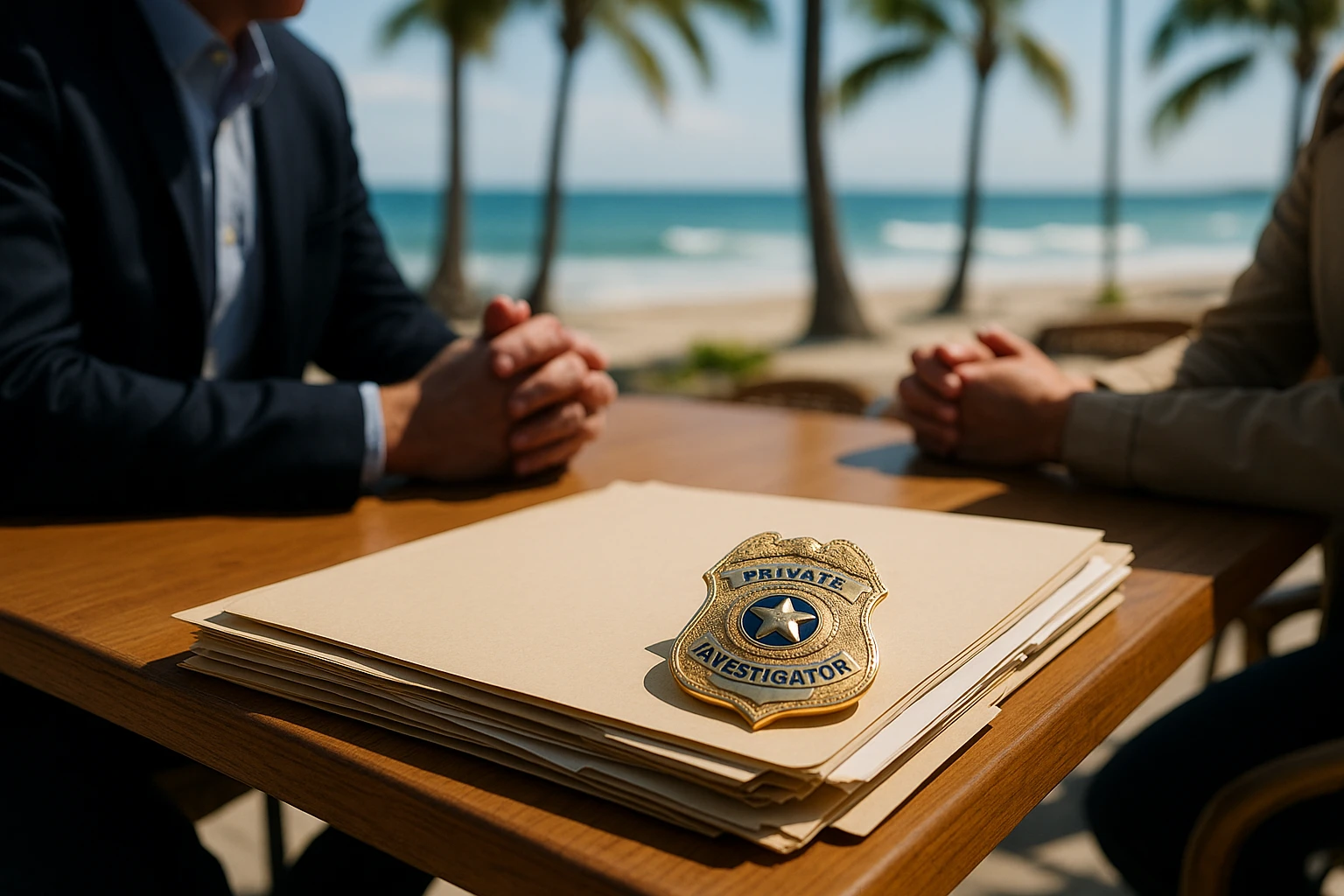 A discreet meeting in a sunlit beachside café, where a private investigator's badge subtly glints on a table amidst a pile of investigative files, surrounded by palm trees and ocean waves in the background.