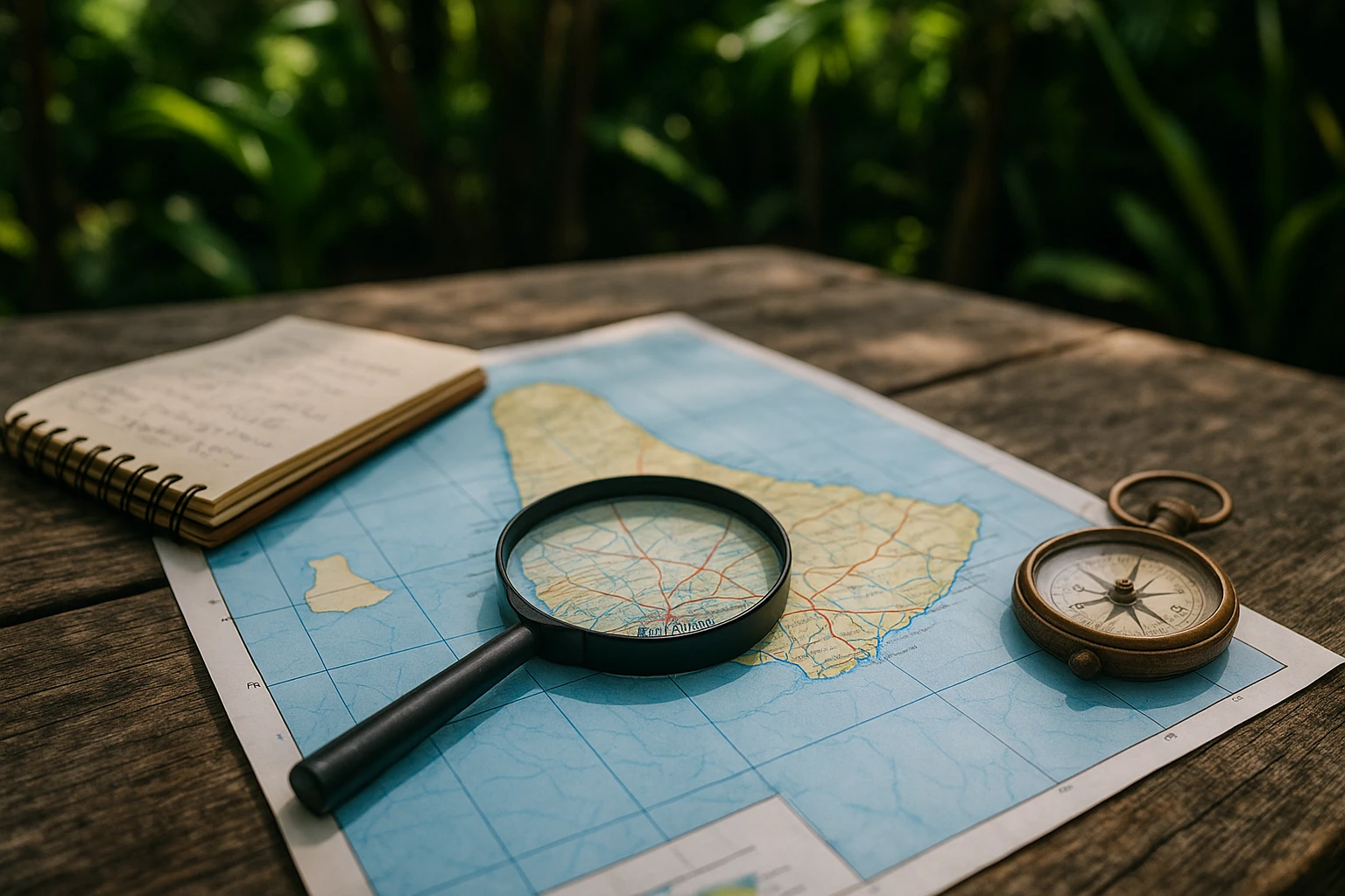 A close-up of a local map of Barbados spread on a weathered wooden table, with a magnifying glass highlighting the area of Bridgetown, surrounded by a notepad with scribbled notes and a vintage compass, all set against the backdrop of a lush tropical garden.