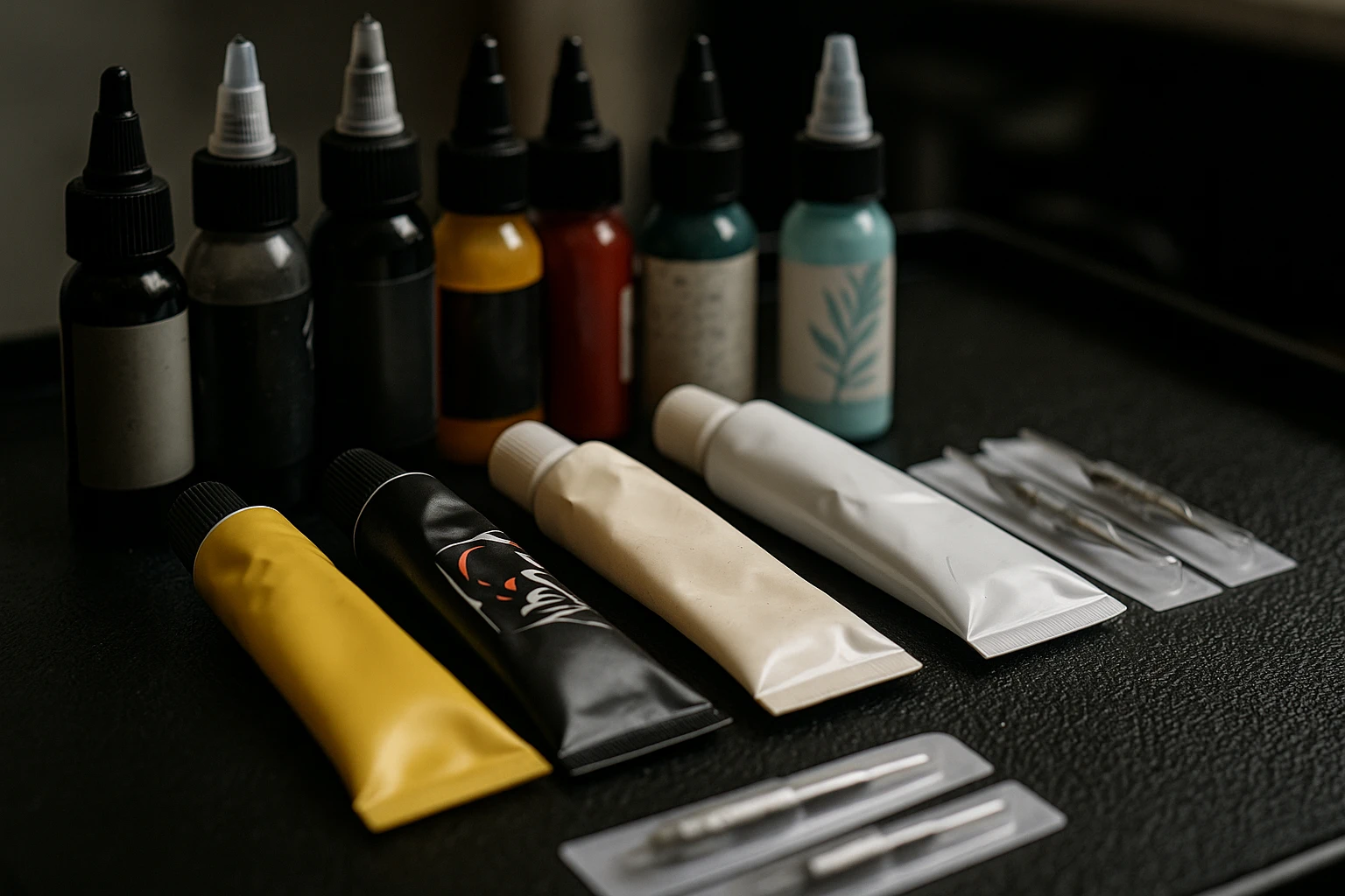 A close-up of a tattoo studio table showcasing various numbing creams lined up beside ink bottles and tattoo needles, with the focus on the cream tubes highlighting different brands and labels.