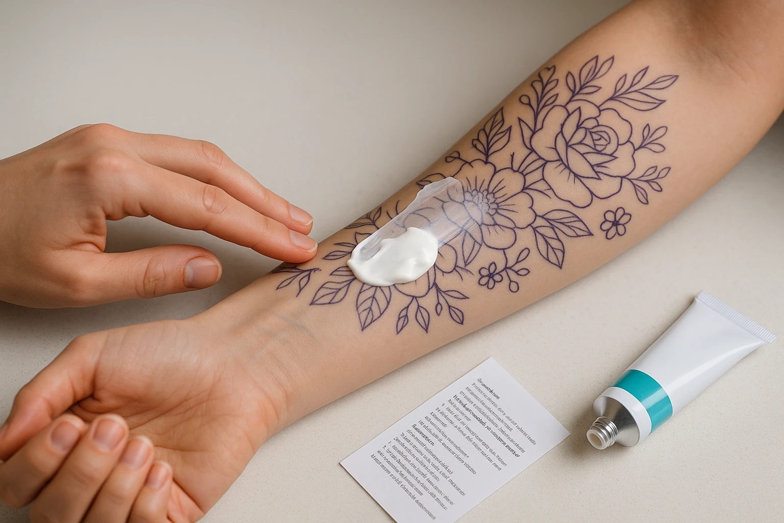 A hand applying numbing cream onto an arm with outlined tattoo stencil designs, alongside a small instruction leaflet and an open tube of lidocaine-based cream on a clean, white countertop.