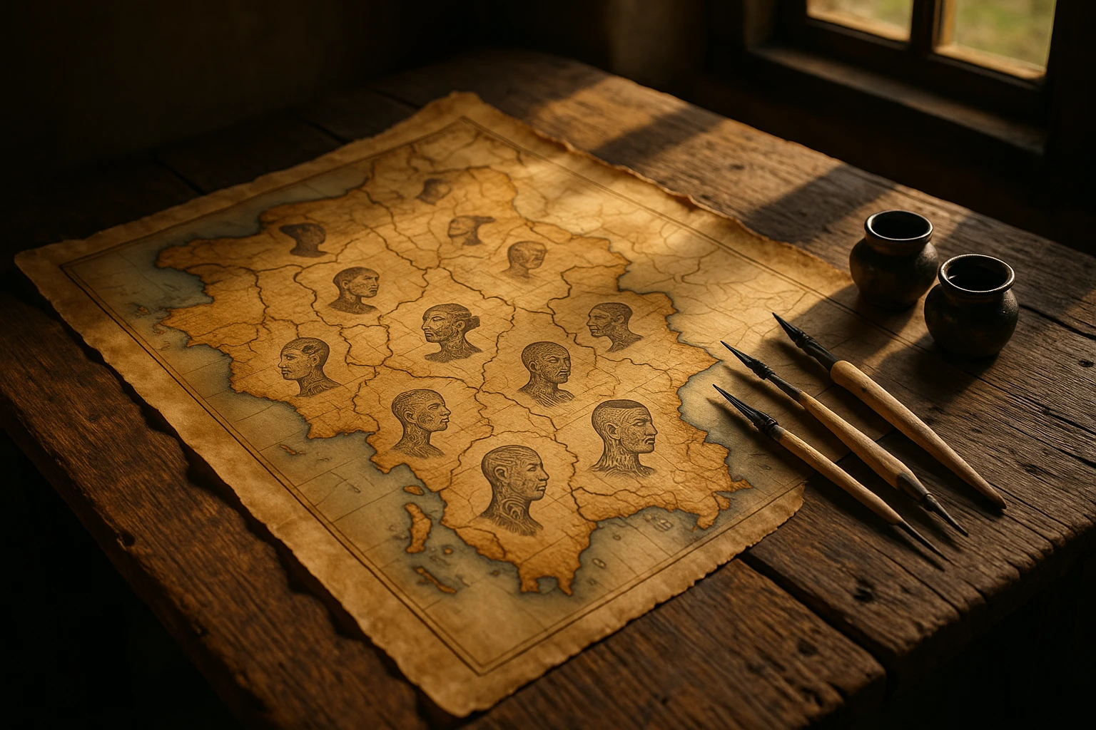 A weathered parchment map displaying regions with historical tattoos, placed on a rustic wooden table alongside traditional tattooing tools like bone needles and ink pots, with soft afternoon sunlight streaming through an open window.