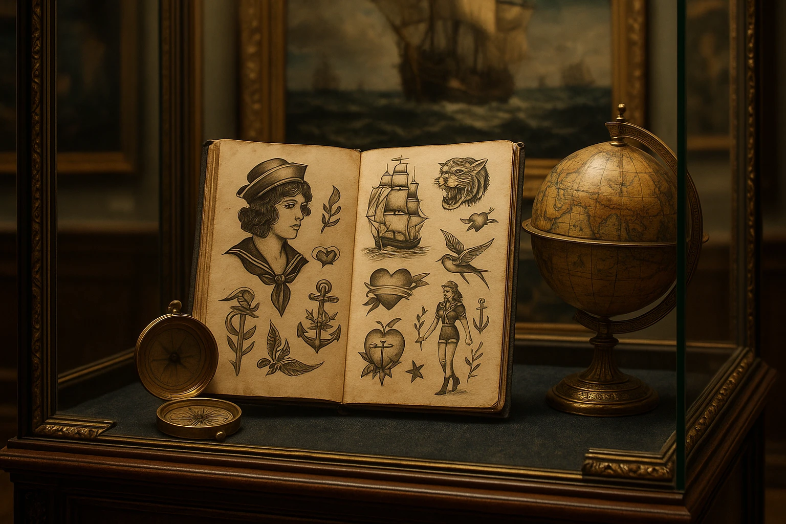 An ornate display case in a European museum showcasing historical tattoo artifacts, including a sailor's logbook with hand-drawn tattoo designs, a vintage compass, and an intricate globe, set against a backdrop of maritime-themed art.
