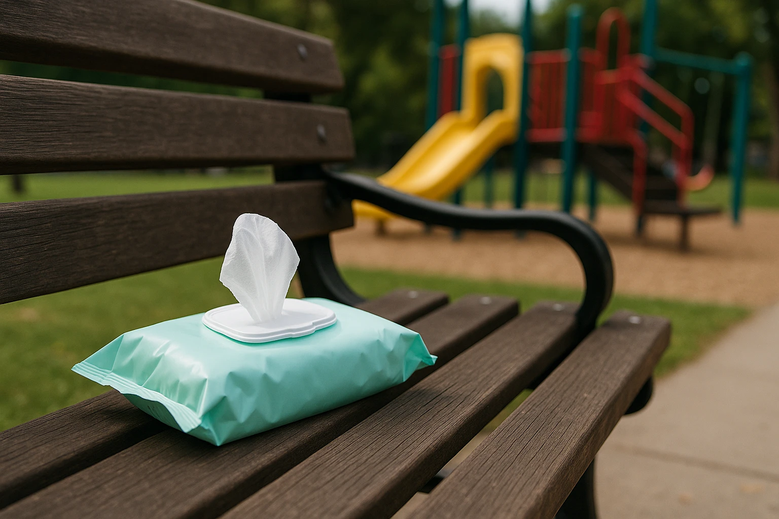 A pack of hand sanitizing wipes resting on a park bench next to a child's playground, capturing the importance of hygiene in public outdoor spaces.