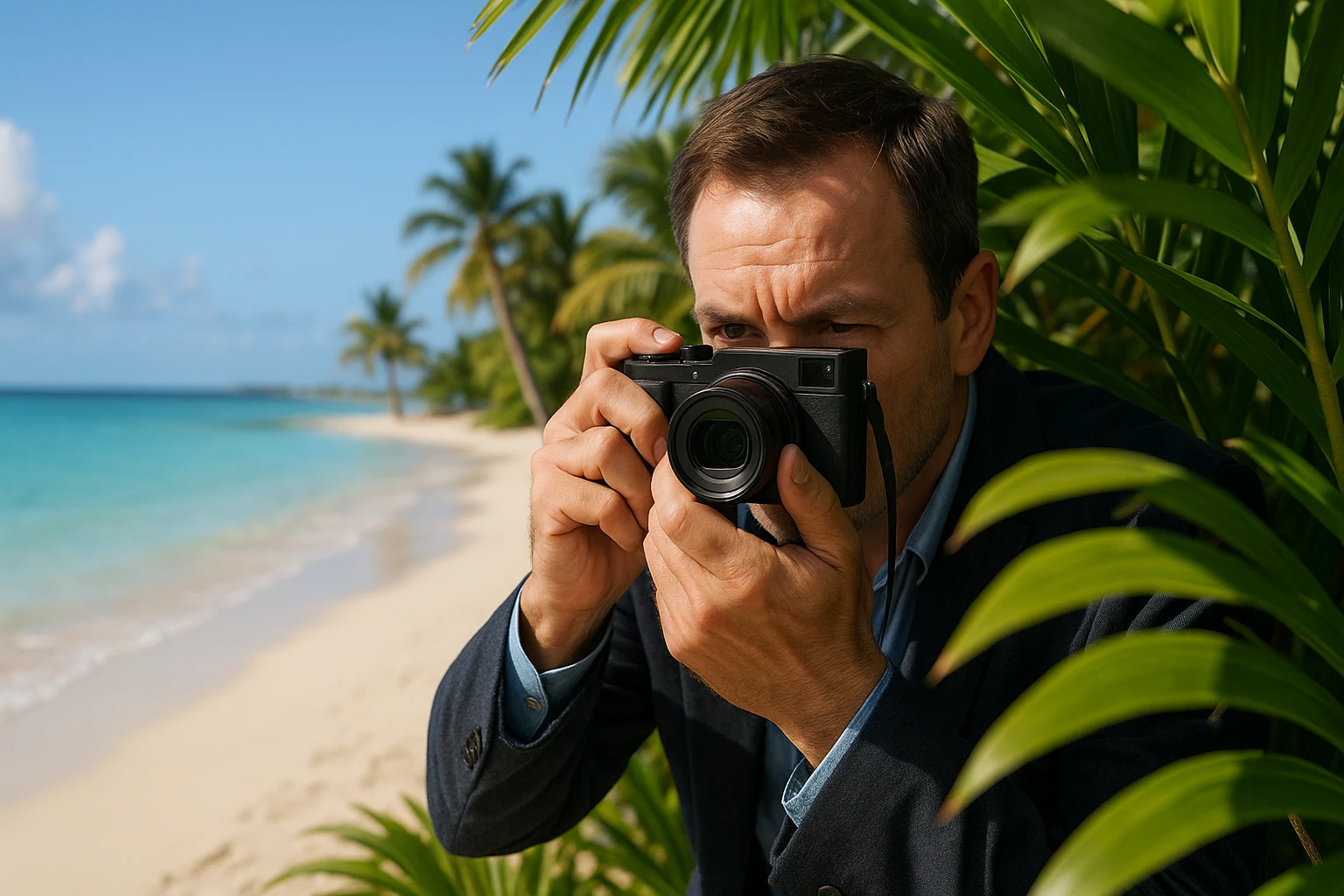 A serene beach setting in Nassau, with a private investigator discreetly capturing evidence using a compact camera, partially hidden behind tropical foliage.