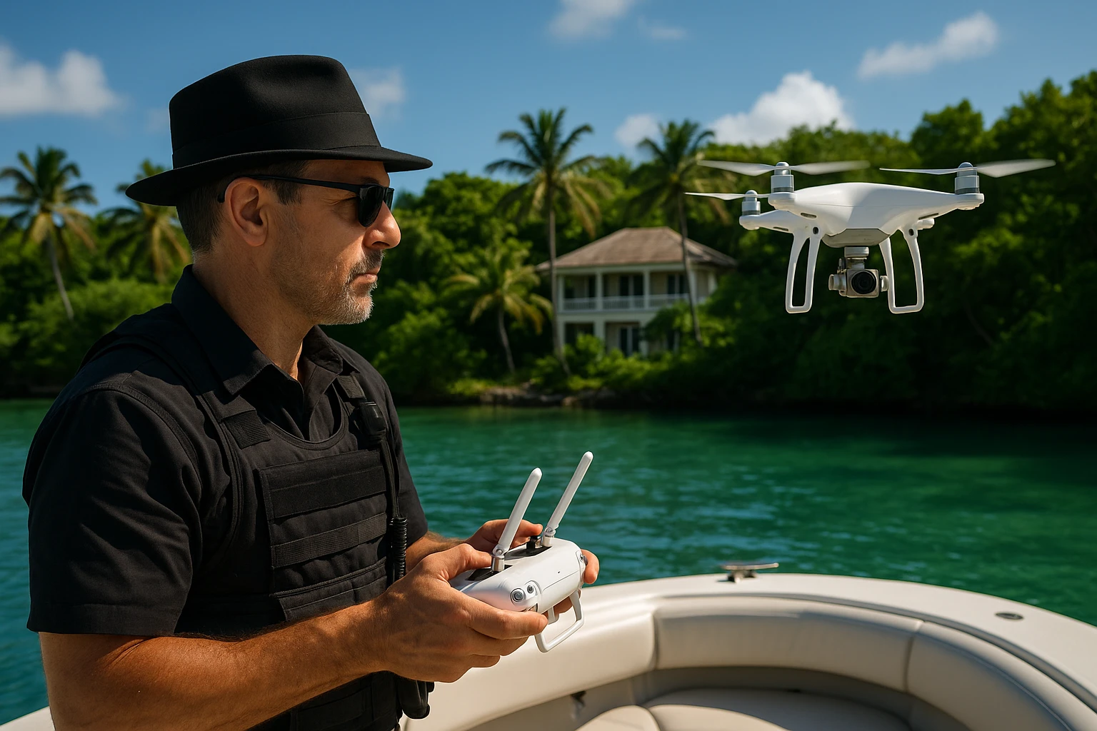 A private investigator in Nassau, Bahamas, operates a drone equipped with high-resolution cameras from a boat, capturing footage of a secluded waterfront property surrounded by lush greenery.