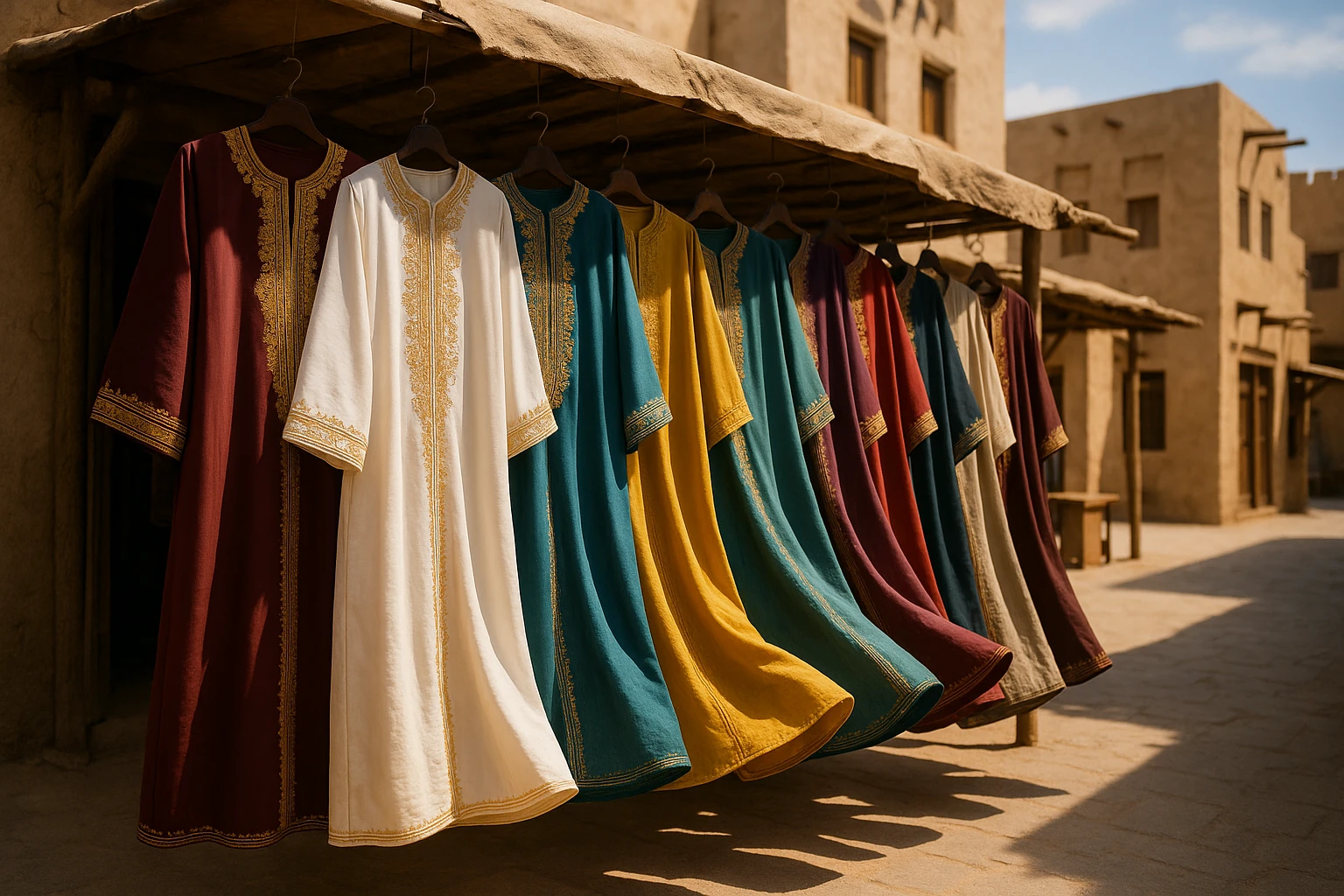A sunlit outdoor market stall in an Arabian village displays a variety of intricately designed thobes hanging in rows, their vibrant colors and detailed embroidery reflecting the region’s cultural heritage, while a gentle breeze ripples through the fabric.