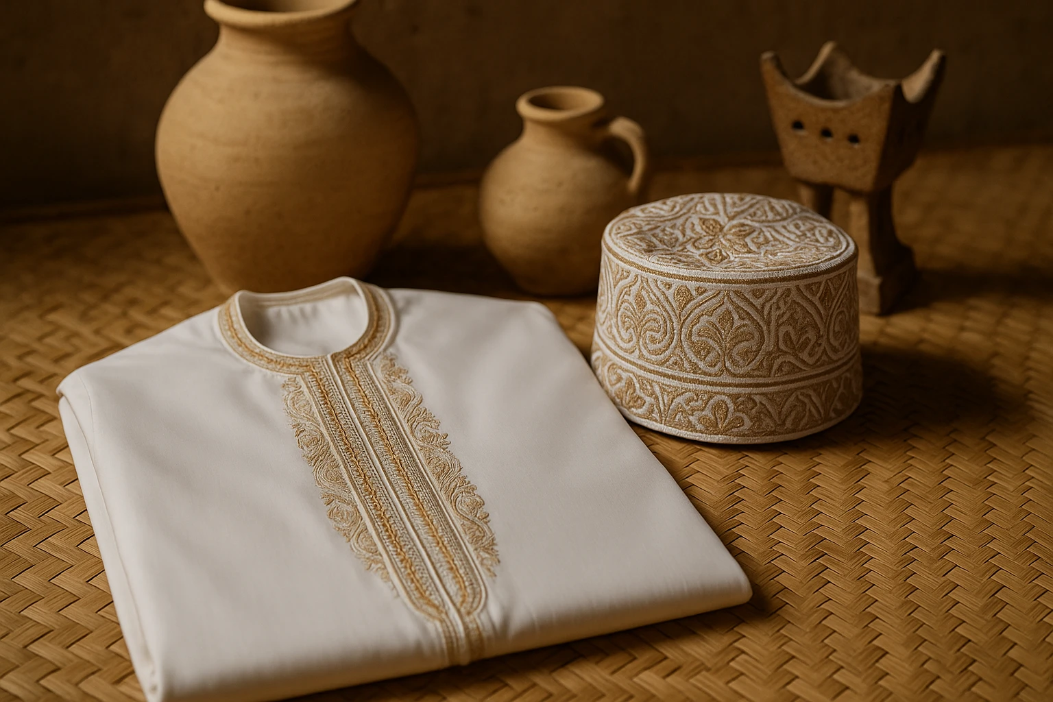 A close-up of an Omani thobe displayed on a traditional woven mat, highlighting its intricate embroidery and the distinct kumma (cap) beside it, set against a backdrop of ancient Omani pottery and a frankincense burner, symbolizing the rich cultural history.