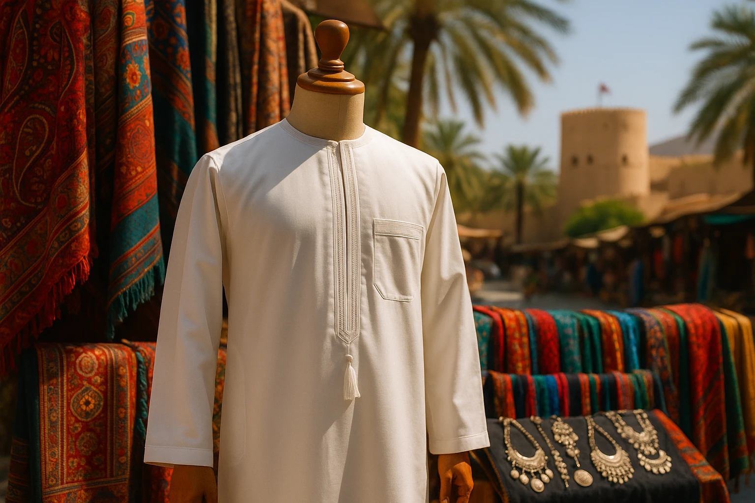 An Omani thobe displayed on a wooden mannequin in a sunlit outdoor market, surrounded by vibrant textiles and traditional silver jewelry, with palm trees and a historic fort visible in the background, capturing the blend of history and daily life.