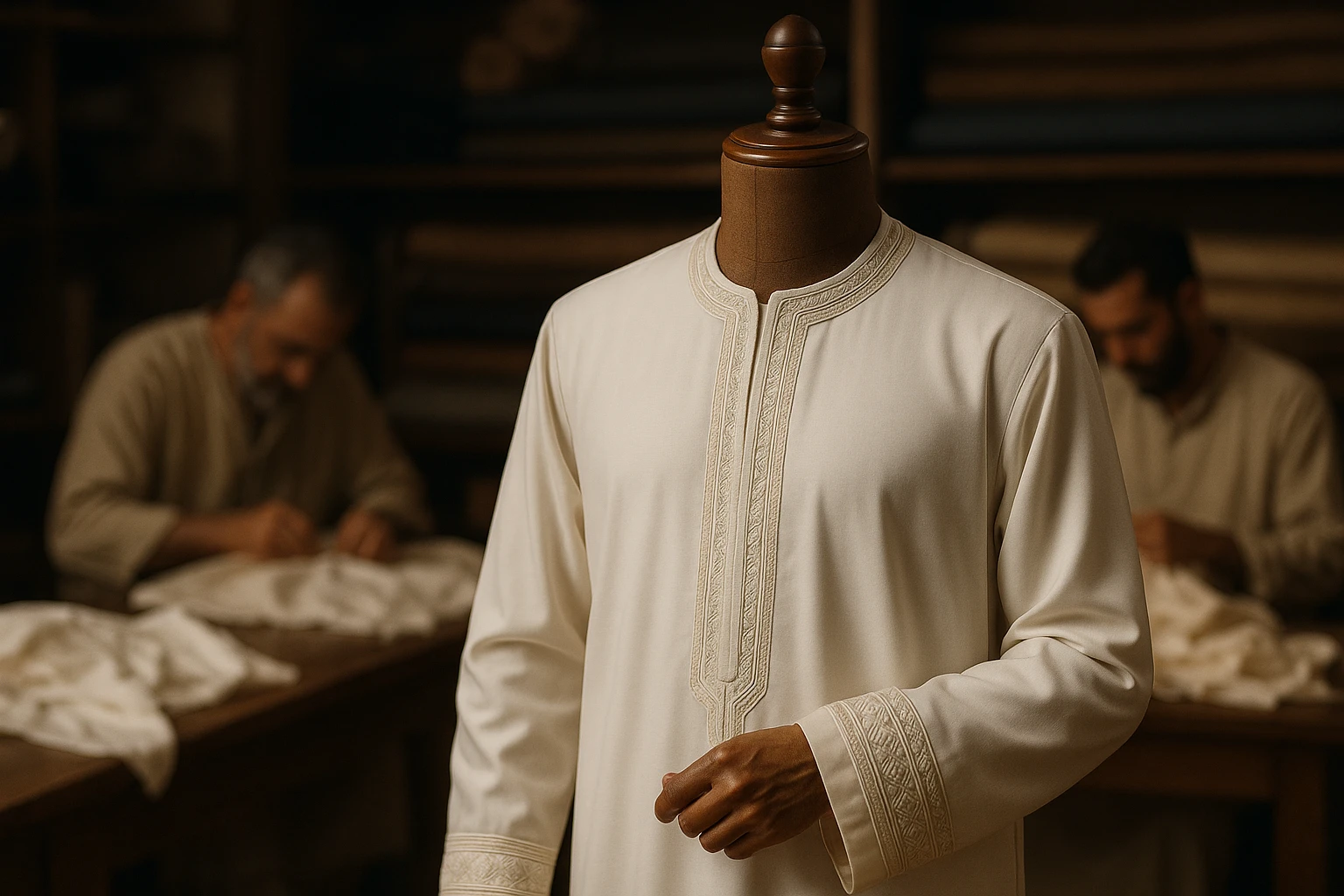A close-up of a thobe displayed on a finely crafted wooden mannequin, showcasing intricate embroidery along the cuffs and neckline, with a background of artisans hand-stitching similar garments in a workshop filled with rolls of luxurious fabrics.