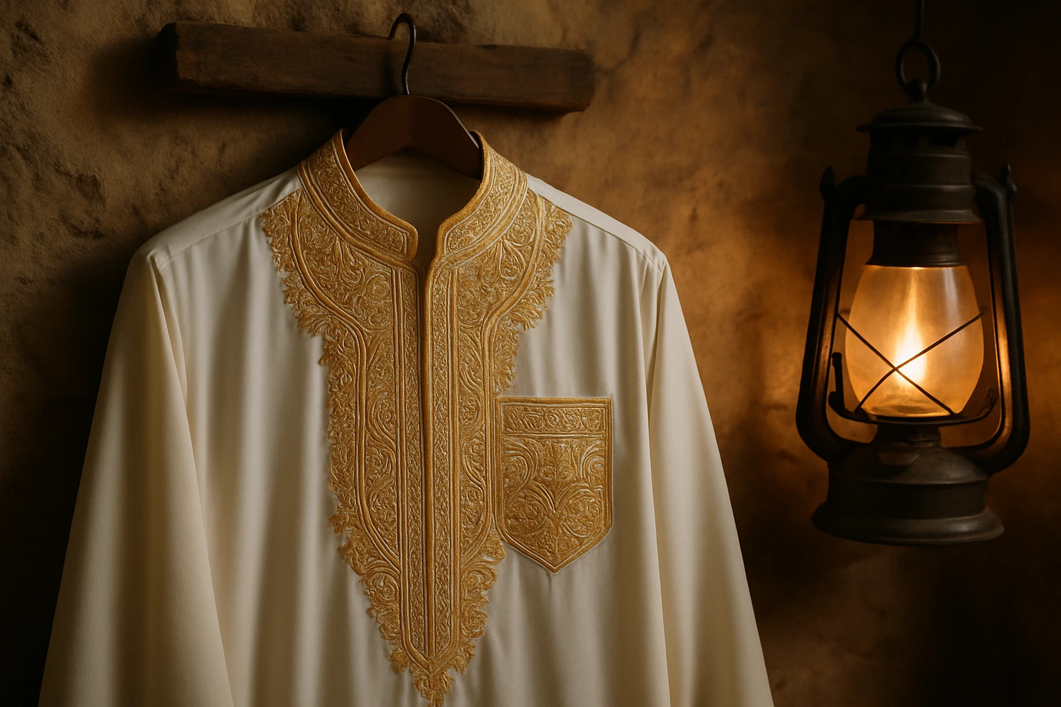 A close-up of a beautifully embroidered thobe hanging on a wooden peg, capturing the intricate gold patterns and delicate stitching under the soft glow of a traditional lantern, with a backdrop of a rustic, sand-colored stone wall.