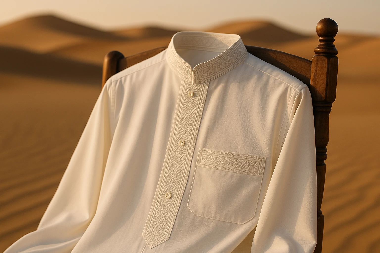 A close-up of a finely embroidered thobe draped over a traditional wooden chair, set against a backdrop of a sunlit desert landscape with sand dunes in the distance.