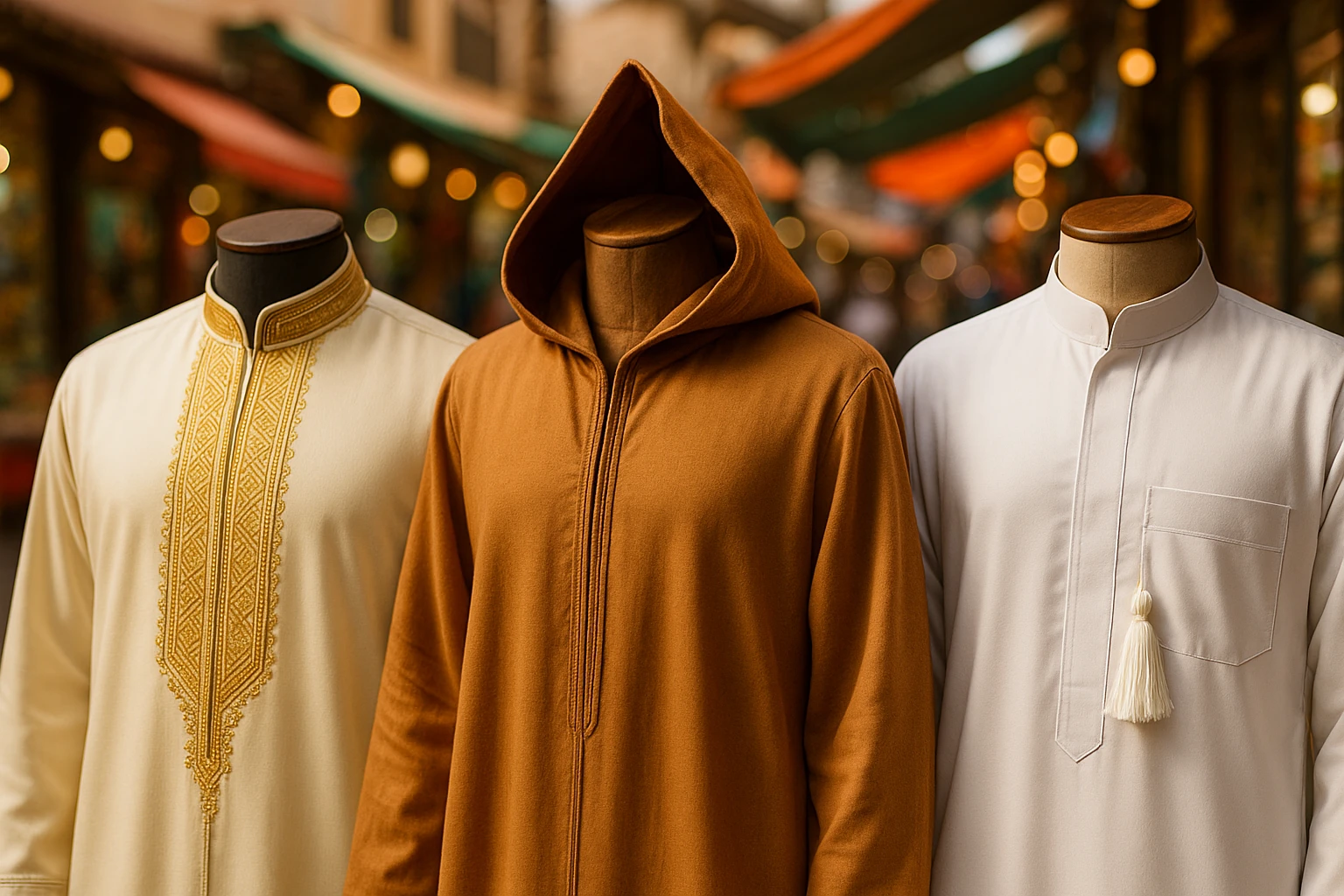A close-up of three thobes on display: an Emirati thobe with intricate gold embroidery and a sleek collar, a Moroccan djellaba with a pointed hood and flowing fabric, and an Omani thobe featuring a tassel draped over the chest, all set against a vibrant marketplace backdrop.