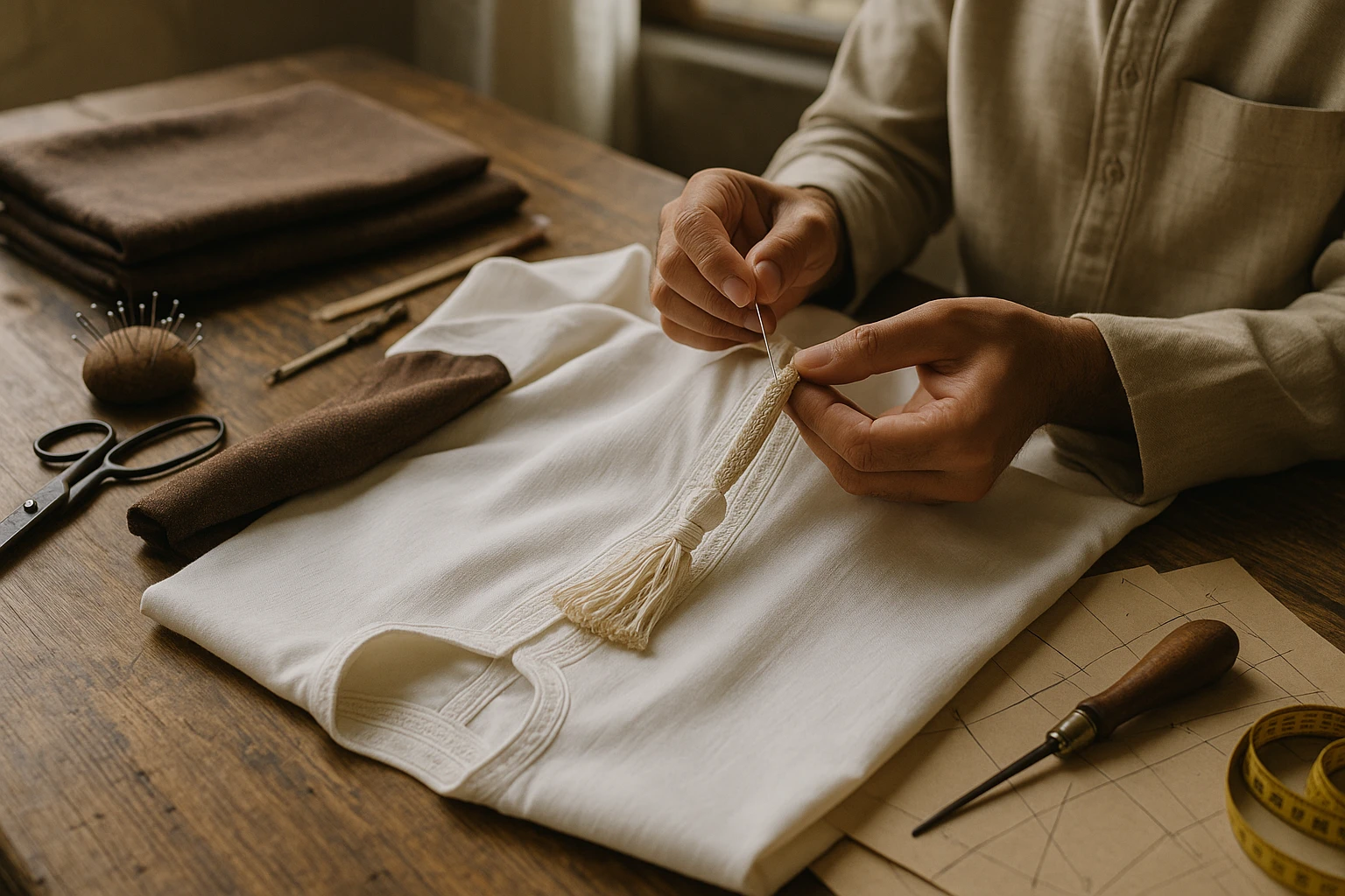 An artisan workspace with richly textured fabrics on a wooden table, showcasing a partially sewn Omani thobe with a traditional tassel (
