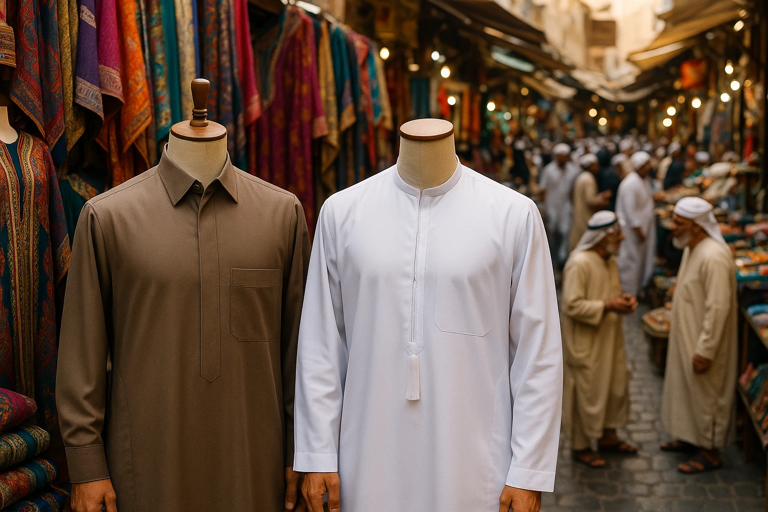Traditional market bustling with activity in the Arabian Peninsula, featuring a vibrant display of richly colored fabrics and intricately designed robes. A mannequin wears a thobe with a sharp collar beside another showcasing a sleek kandura with a tassel, highlighting the garments' design differences amidst the lively market scene.