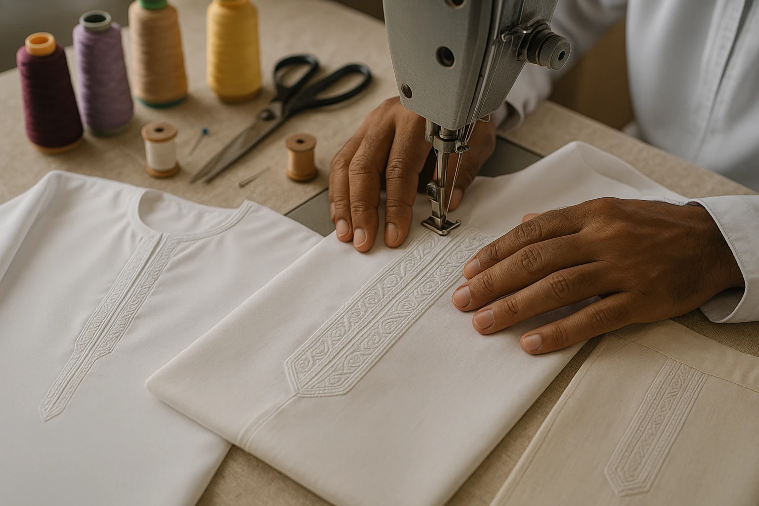 A close-up of a textile workshop where skilled hands are at work, sewing intricate patterns on a white kandura and a light-colored thobe, showcasing the fine embroidery and subtle design differences on fabric swatches amidst tools and colorful threads.