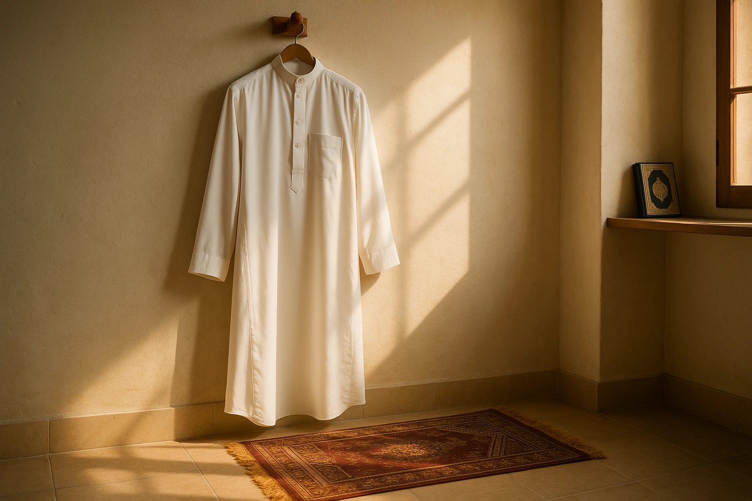 A traditional thobe hanging gracefully on a wooden peg in a sunlit room, with a prayer rug and a small Quran on a nearby shelf, signifying cultural heritage and religious devotion.