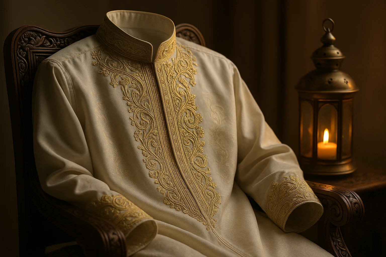 A close-up of a beautifully embroidered thobe draped over an intricately carved chair, with patterns of gold threads catching the soft candlelight from a nearby lantern, symbolizing cultural pride and tradition in a Middle Eastern home setting.