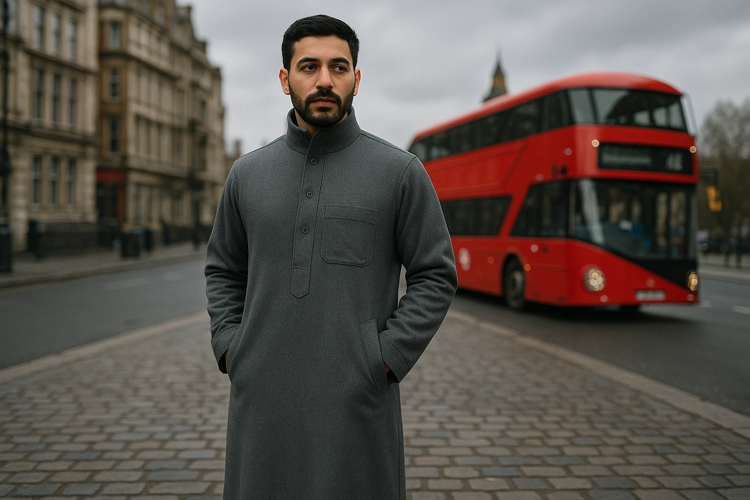 A man stands on a cobblestone street in London, wearing a sleek grey thobe tailored for warmth with a lining suited for the chilly UK climate; nearby, a red double-decker bus passes by under overcast skies.