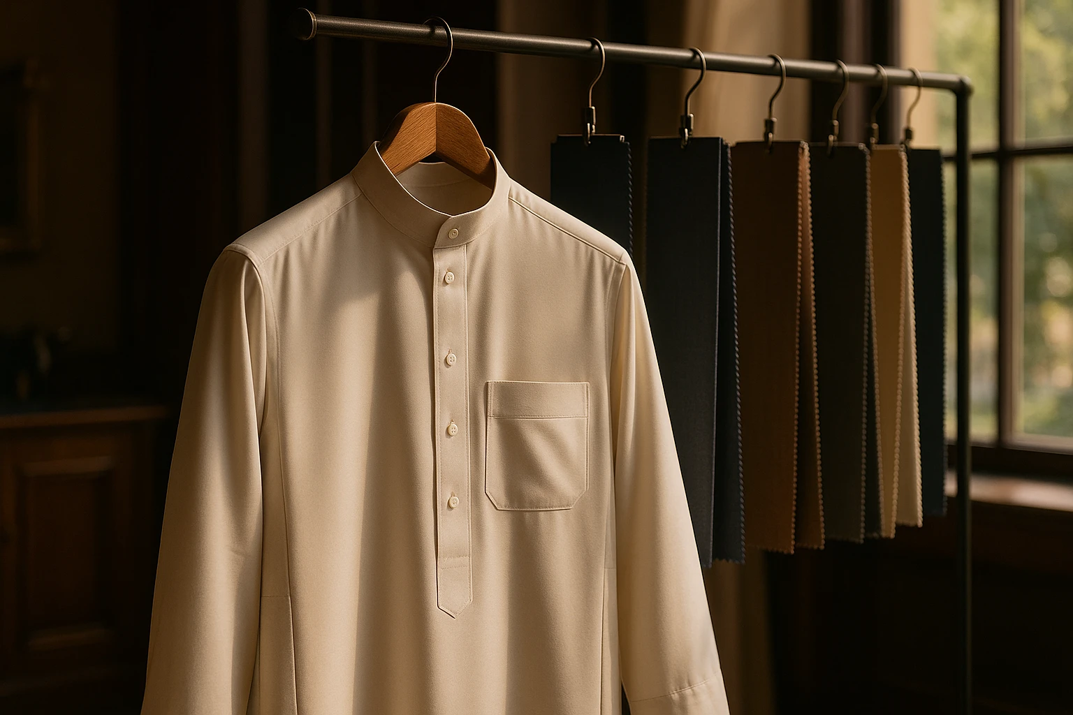 A tailored thobe displayed on a wooden hanger in an elegant tailor's shop, with various fabric swatches hanging nearby; gentle sunlight filters through a large window, highlighting the smooth texture and craftsmanship.