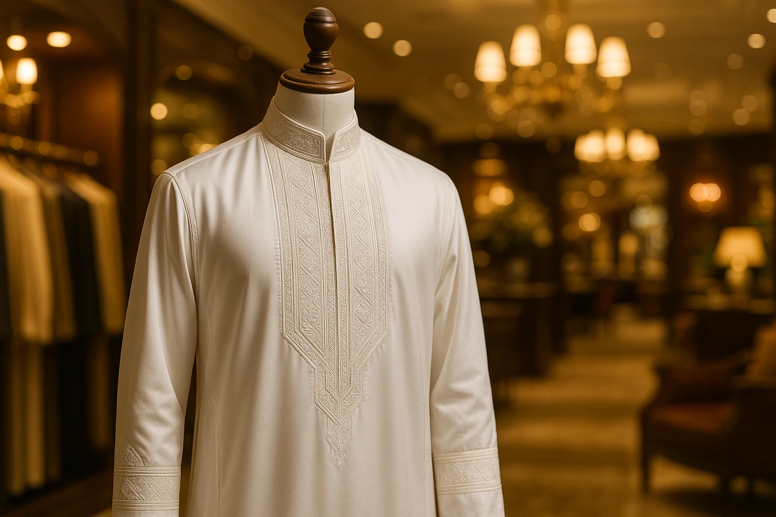 A finely detailed luxury thobe hanging on a wooden mannequin, highlighting the rich, high-quality fabric with intricate embroidery patterns, set against a backdrop of a lavish boutique with warm lighting and elegant decor.