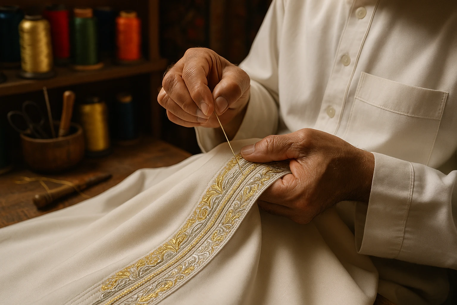 A close-up of an artisan's hands meticulously embroidering a luxury thobe, with gold and silver threads glistening under soft, natural light, set against a backdrop of colorful spools and traditional tools in a vibrant workshop.