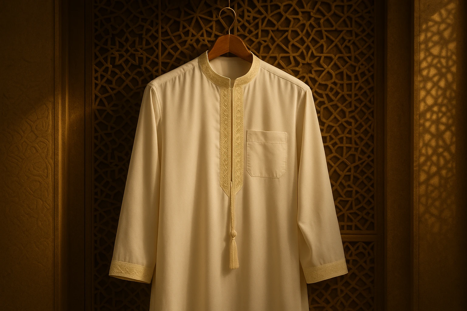 A traditional Emirati thobe displayed on a wooden hanger against a backdrop of intricate Arabian geometric patterns, with a soft golden light highlighting its elegant embroidery and flowing fabric.