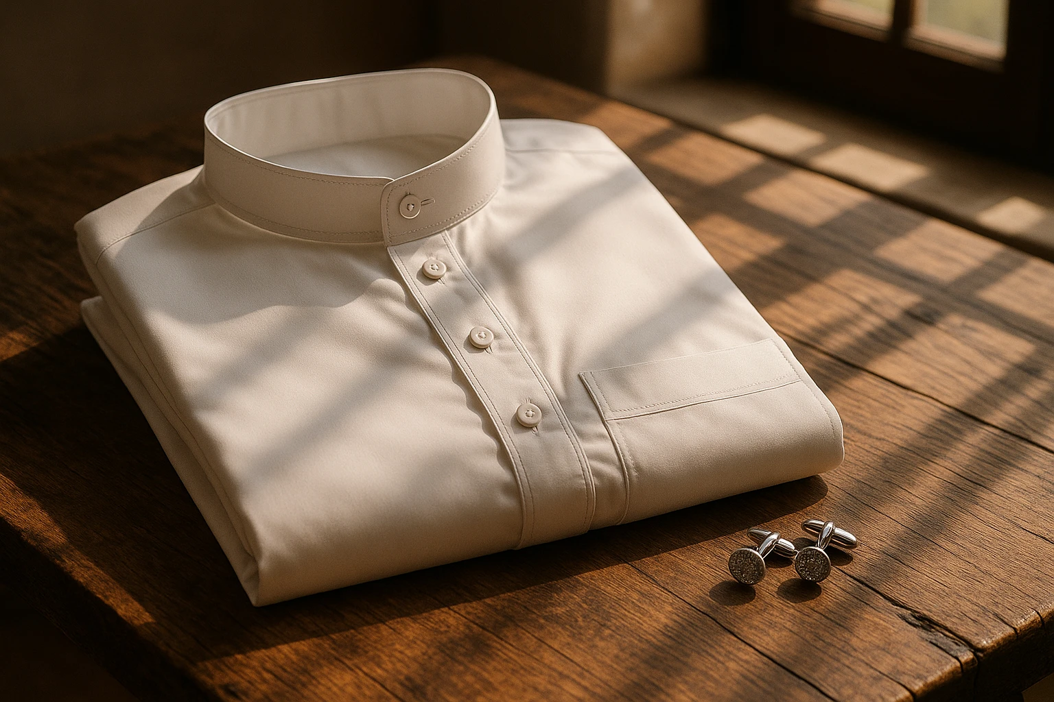 A close-up of an elegantly folded Emirati thobe displayed on a rustic wooden table, with delicate silver cufflinks placed beside it, illuminated by natural sunlight streaming through a nearby window, casting intricate shadows.