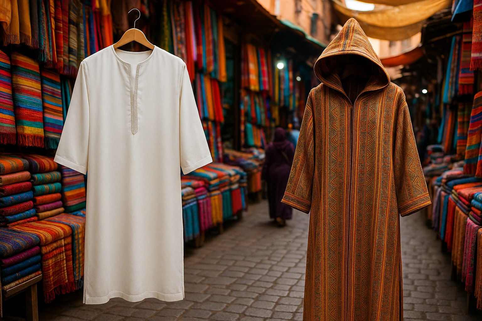 A vibrant Moroccan bazaar scene with a Moroccan Thobe displayed on one side, showcasing its sleek, simple form with minimalistic embroidery, and a Djellaba hanging on the other, characterized by its long hood and intricate patterns, set against colorful fabric stalls.