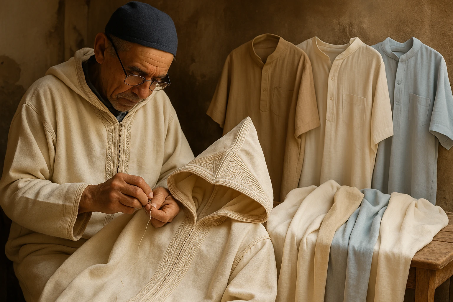 A Moroccan artisan's workshop with a close-up of a Djellaba being hand-sewn, highlighting its hood and intricate patterns, while nearby, a collection of lightweight Moroccan Thobe fabrics in cotton and linen are draped over a wooden table, showcasing their breathability and minimalistic design.