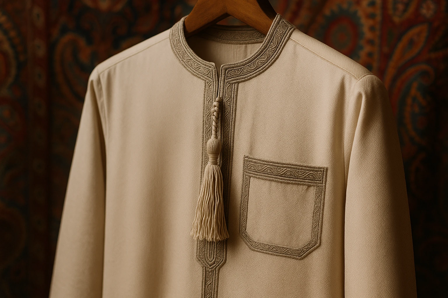 A close-up of an Omani thobe hanging elegantly on a wooden stand, highlighting the intricate signature tassel (furakha) and showcasing the garment’s intricate embroidery and rich fabric texture against a vibrant, patterned backdrop.