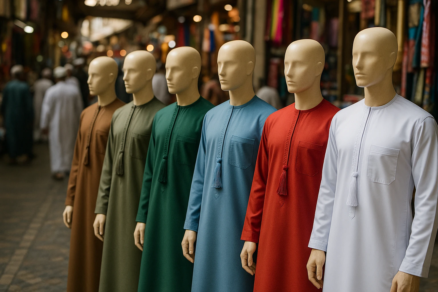 A vibrant market scene in Muscat showcasing an array of Omani thobes displayed on mannequins, each in different colors, emphasizing the signature furakha tassels and the elegantly tailored fit, with the bustling market in the background highlighting the cultural significance of this traditional attire.