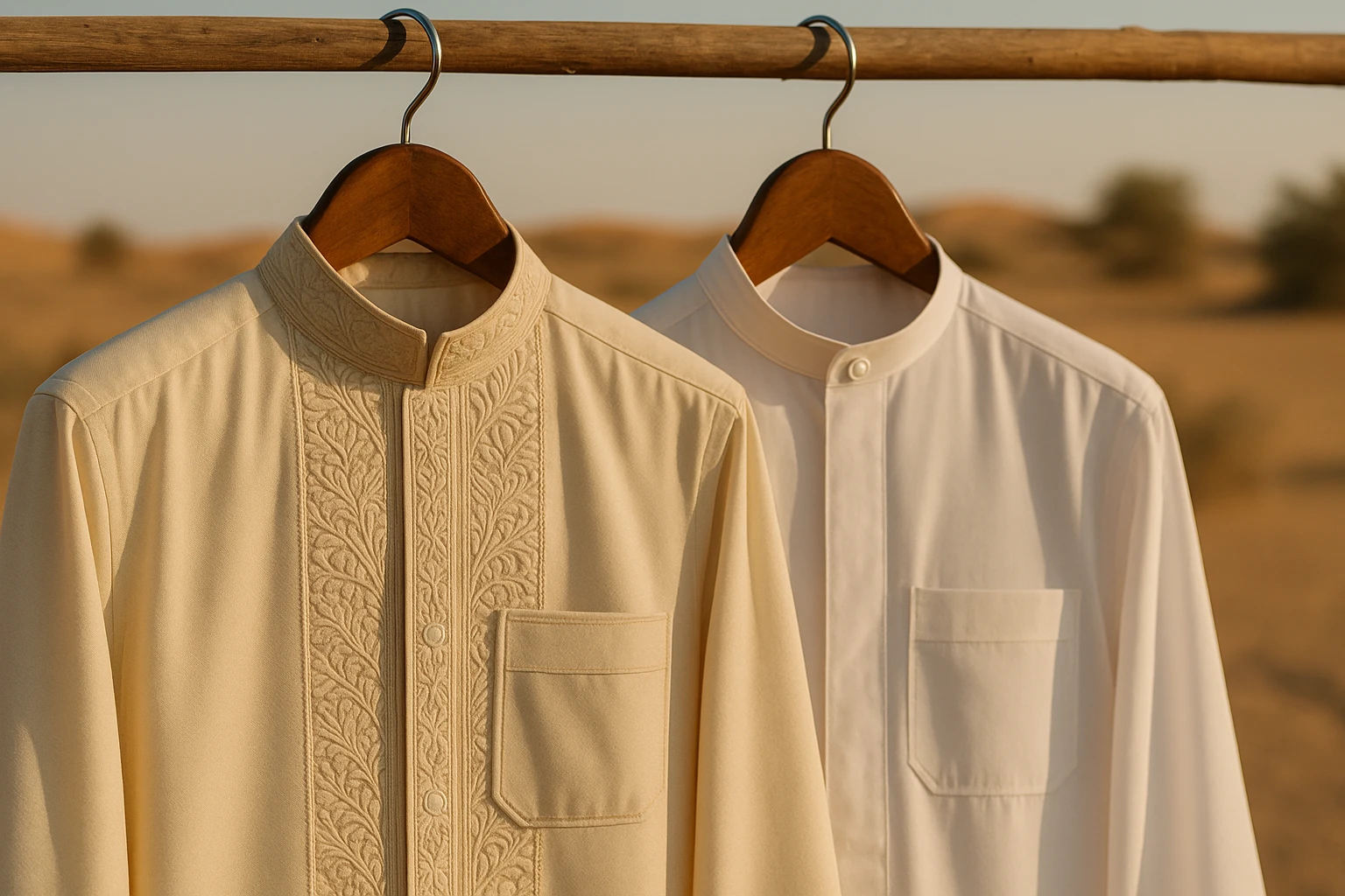 A Saudi thobe with intricate embroidery displayed on a traditional wooden hanger next to an Emirati thobe, featuring a simple, elegant pearl button design, both hanging under the warm desert sunlight.