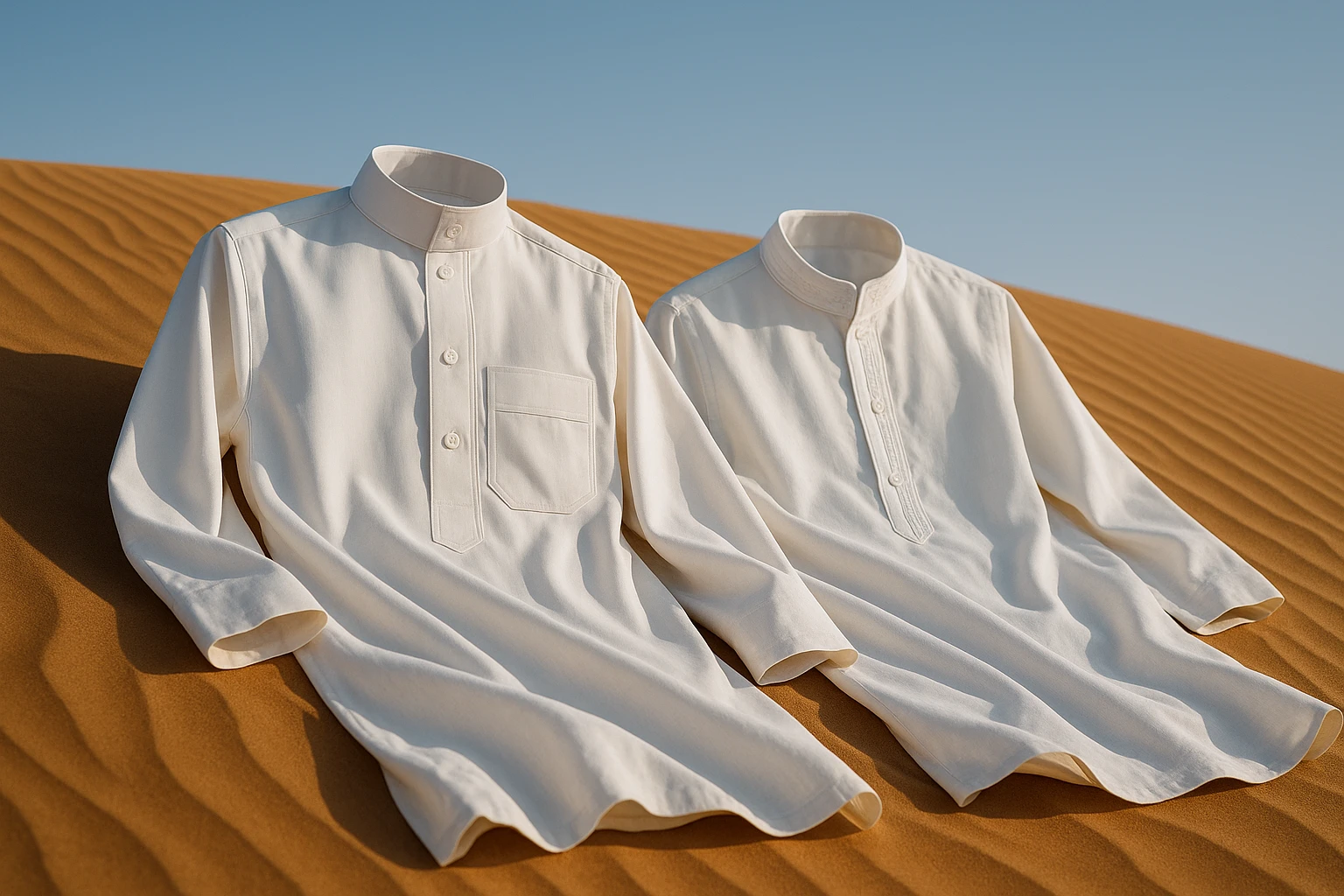 A Saudi thobe and an Emirati thobe laid out on a sand dune, with the Saudi version showcasing a bold, geometric pocket design, while the Emirati thobe features subtle embroidery around the collar, both garments gently billowing in the desert breeze under a clear blue sky.