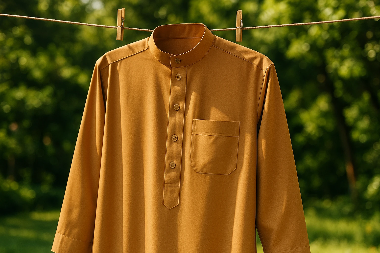 A close-up of a thobe made from a blend of cotton and polyester, hanging on a wooden clothesline in a sunlit garden, showcasing the fabric's smooth texture and vibrant color.