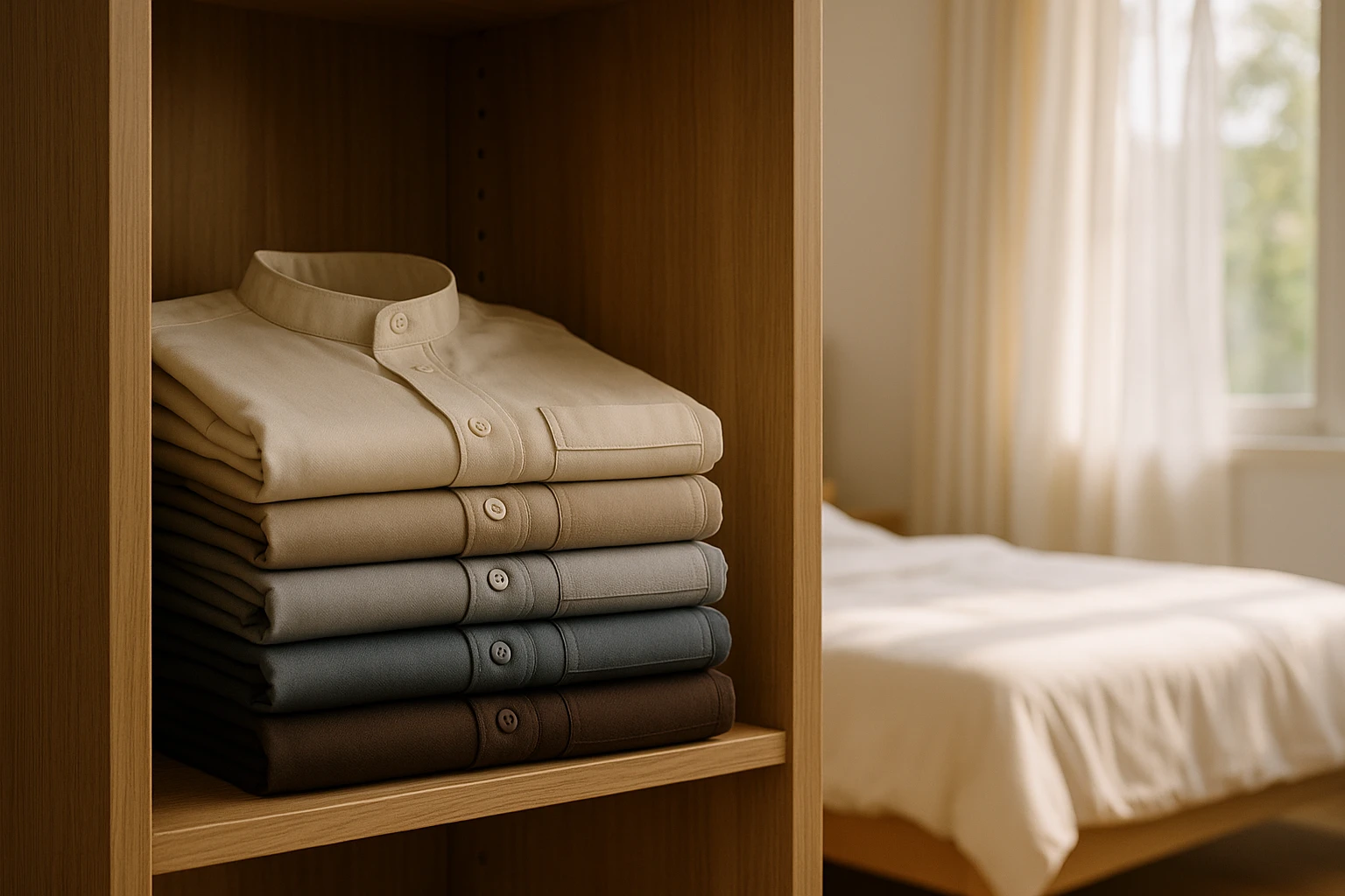 An open wardrobe with neatly folded thobes made of cotton and polyester in various colors, set against a background of a sunlit bedroom with a light breeze flowing through sheer white curtains.