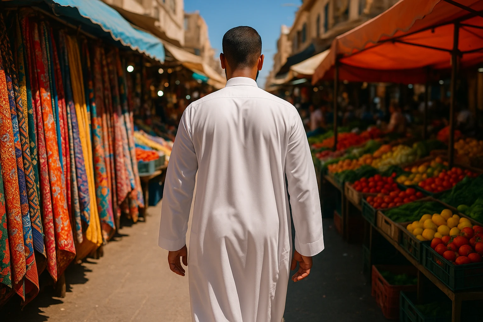 A person walking through a bustling outdoor market wearing a pristine white thobe, surrounded by vibrant stalls with colorful textiles and fresh produce, under the bright midday sun.