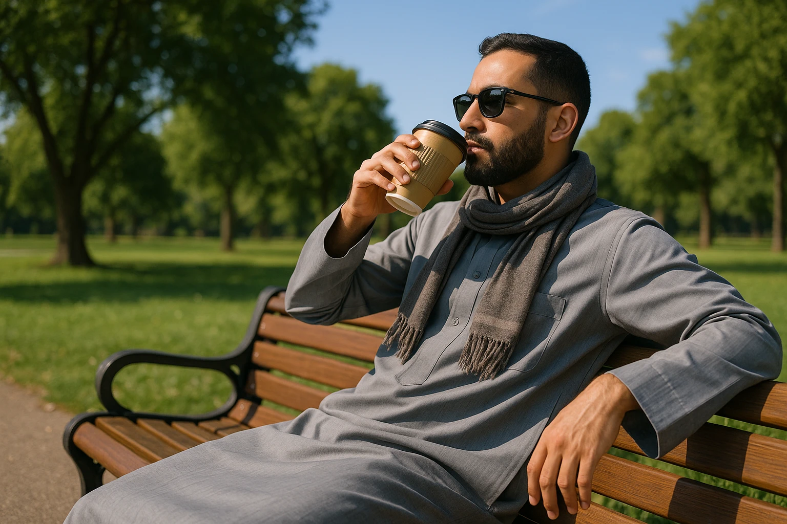A person in a park lounging on a wooden bench, wearing a light gray thobe, accessorized with a casual scarf and sunglasses. They're sipping coffee from a stylish to-go cup, surrounded by lush greenery and a clear blue sky.