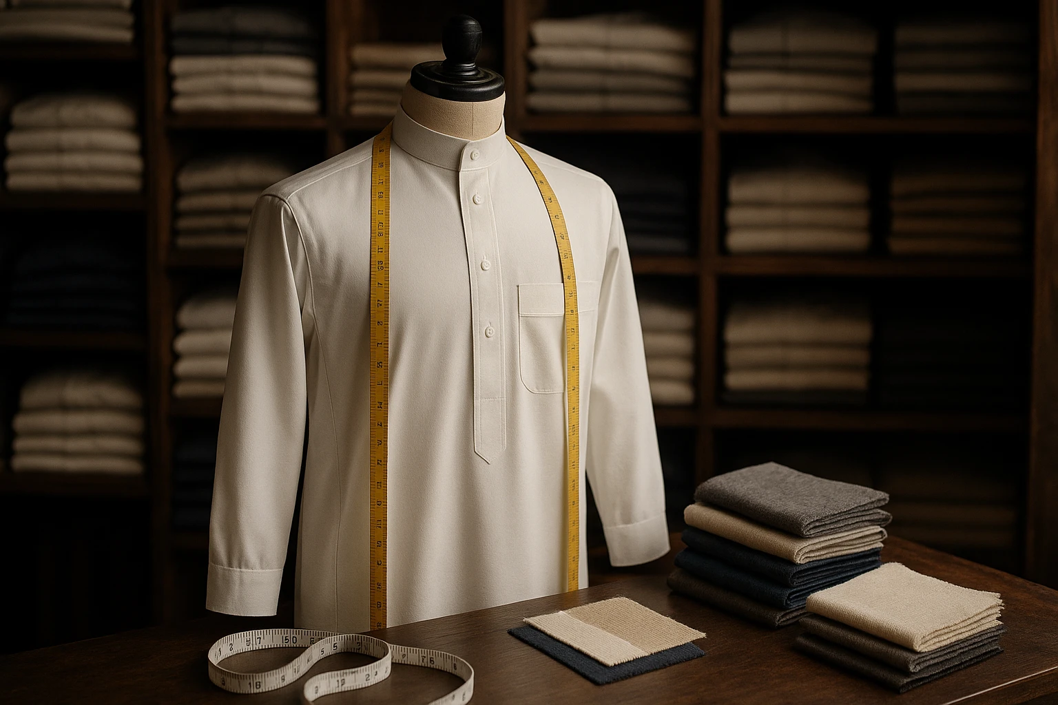 A thobe displayed on a tailor's mannequin, surrounded by measuring tapes and fabric swatches, highlighting variations in fit and fabric texture, set against a backdrop of rustic wooden shelves filled with neatly folded traditional garments.