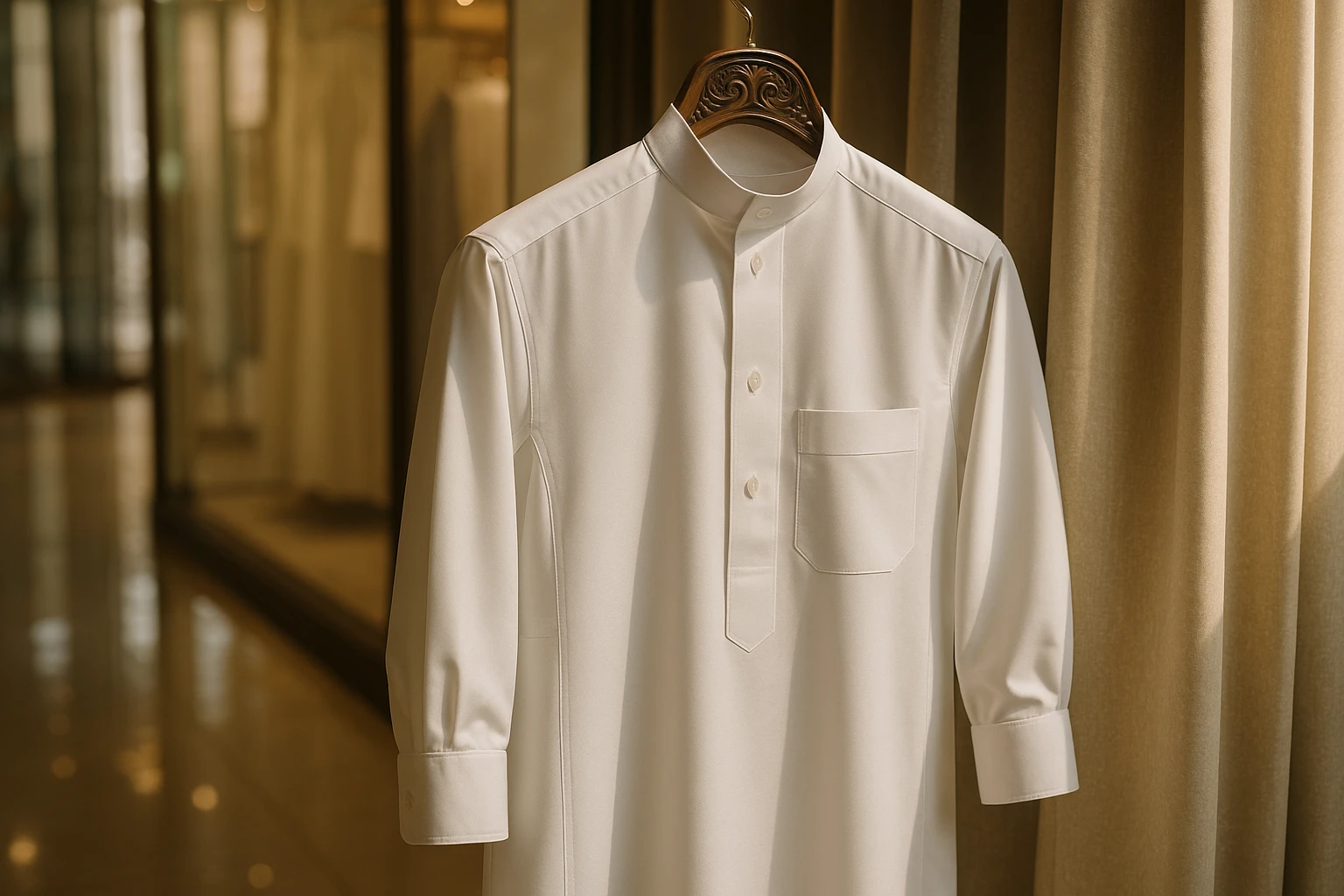 A close-up of a thobe hanging on an ornate wooden hanger in a sunlit boutique, with reflections on the polished floor beneath, showcasing its tailored cuffs and sophisticated shoulder seam design against an elegant fabric backdrop.