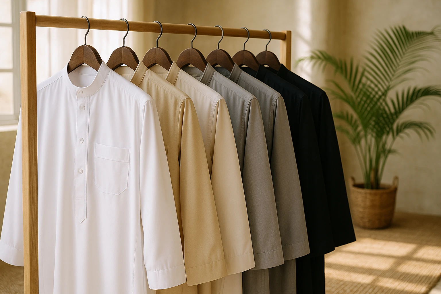 A close-up of a row of thobes in varying shades of white, black, beige, and grey hanging on a wooden rack, set against the backdrop of a sunlit, airy room with woven rugs and a potted palm.