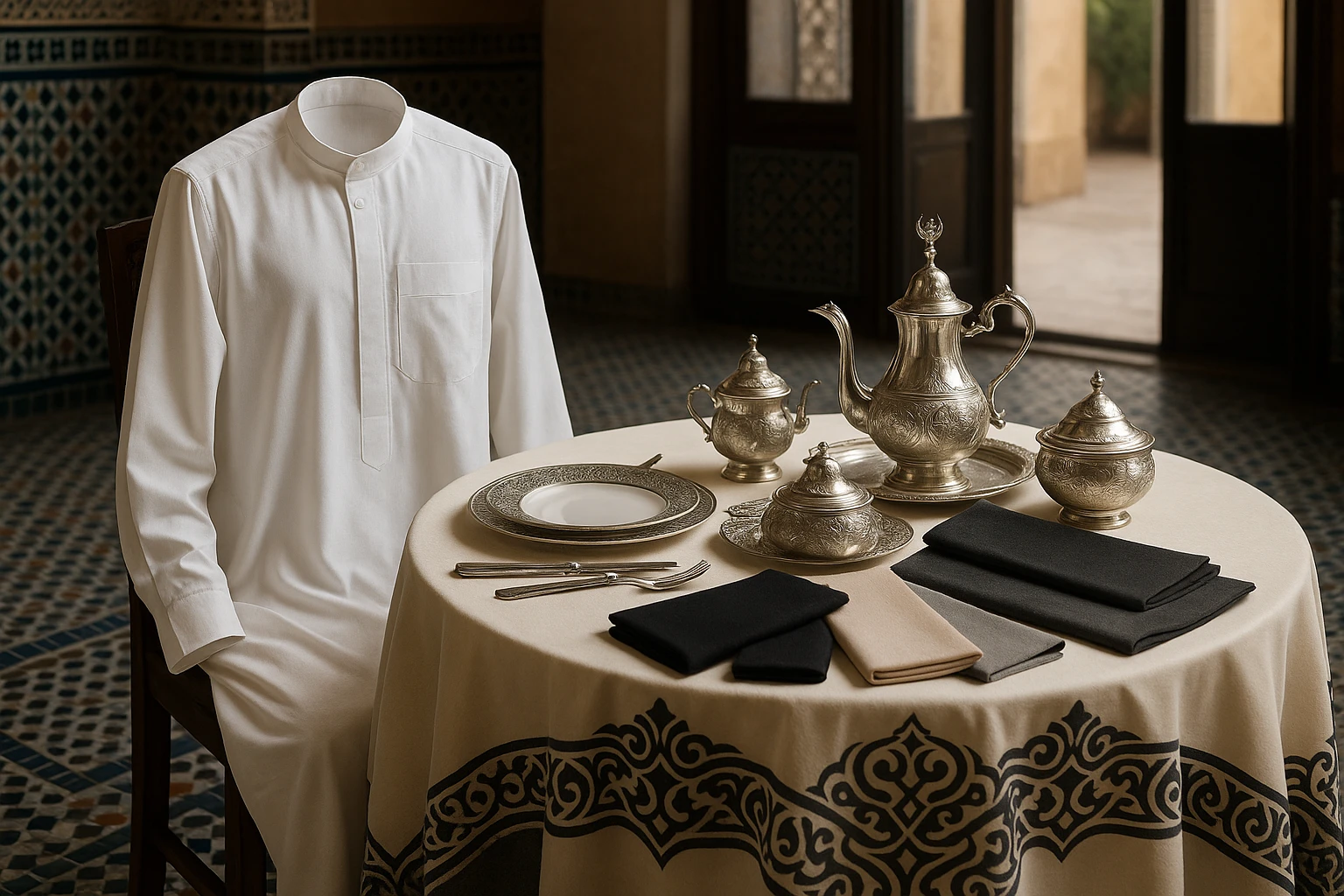 An elegant table setting with a white thobe draped over a chair, surrounded by black, beige, and grey fabric swatches; a silver tea set and ornate Arabic patterns adorn the table, set in a spacious room with mosaic tiles and large, open windows.