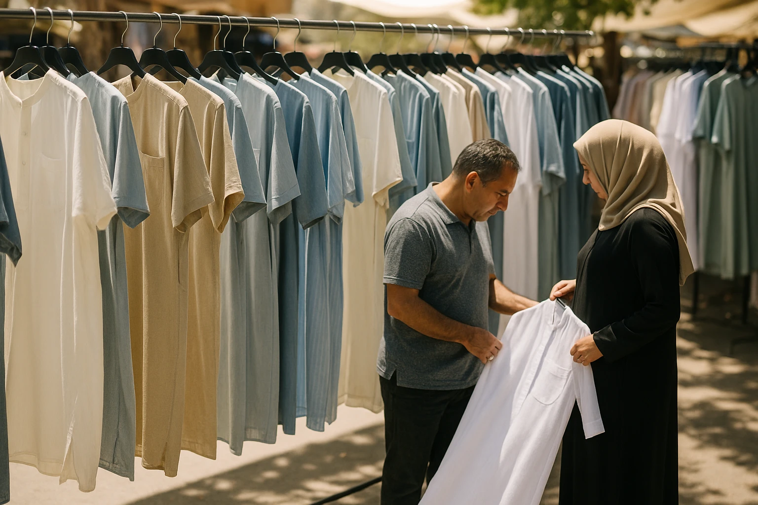 A sunlit outdoor market scene featuring a variety of summer thobes on display, highlighting their lightweight and breathable fabrics, with light wind gently swaying the garments on hangers; customers are examining both loose and fitted cuts.