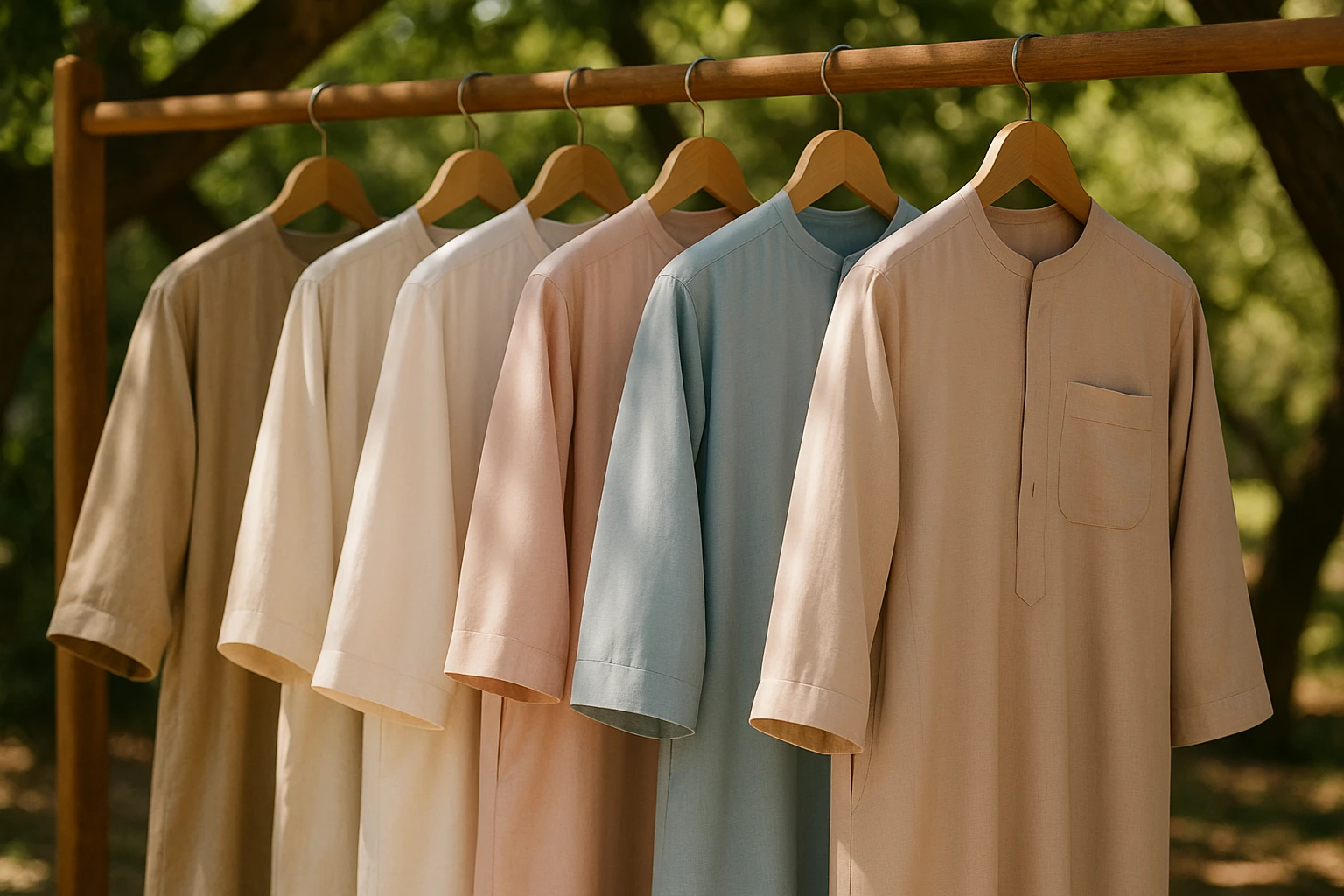 A close-up of several thobes hanging on a wooden rack under a shady tree, showcasing various loose and fitted cuts in pastel colors, with dappled sunlight filtering through the leaves, highlighting the fabric's textures and breathable qualities.