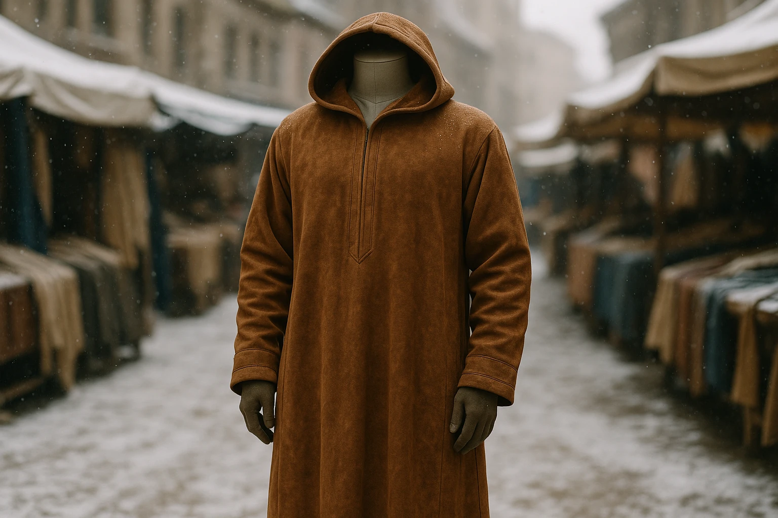 A richly textured, hooded suede thobe displayed on a mannequin amidst a snow-dusted outdoor marketplace, with layered fabrics and long sleeves elegantly tailored for cold-weather comfort.