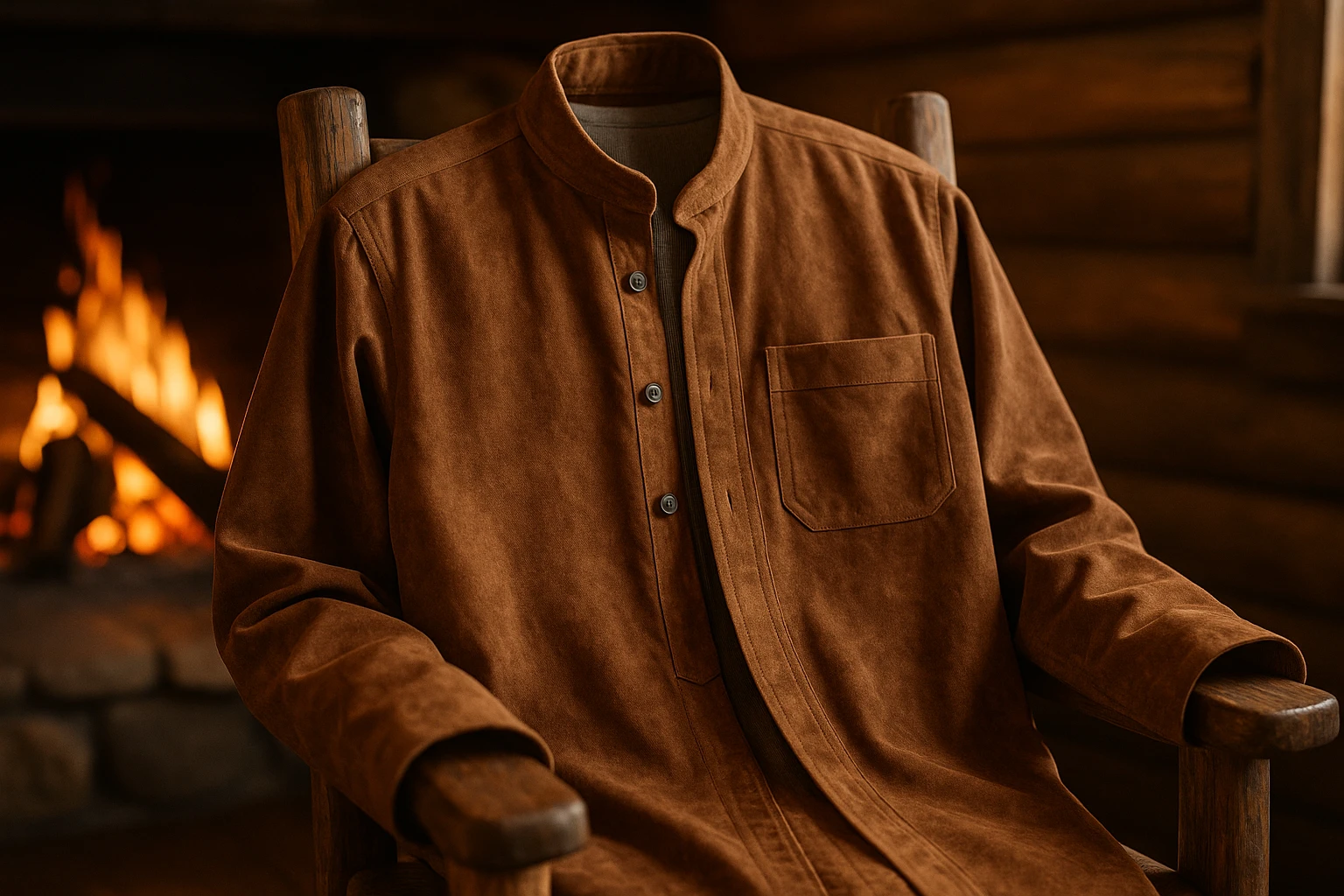 A close-up of a richly textured, suede thobe draped over a rustic wooden chair in a cozy cabin, with a thermal undershirt peeking out, set against a backdrop of a crackling fireplace.