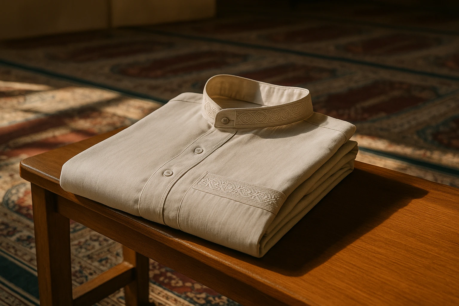 A neatly folded thobe in a soft, breathable fabric, resting on a wooden bench inside a sunlit mosque, with intricate embroidery along the cuffs and collar, set against a backdrop of ornate prayer rugs.